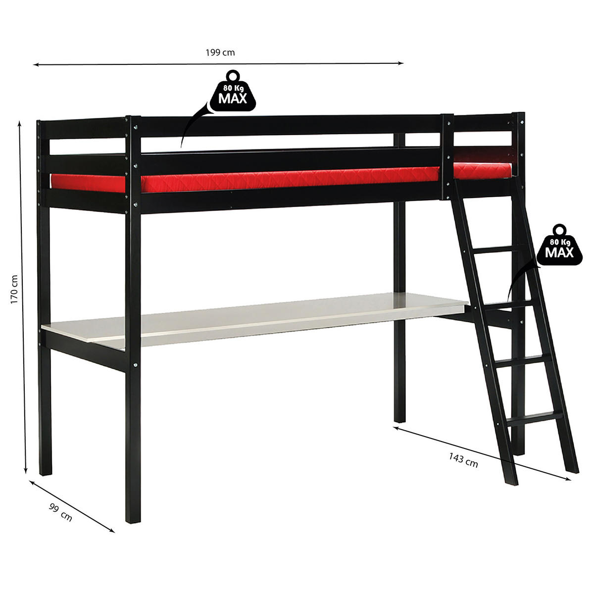 HOCHBETT ASPEN mit Schreibtisch / Hochbett 90x190 - Schwarz - Schwarz, Holz (90/190cm) - Weber Industries