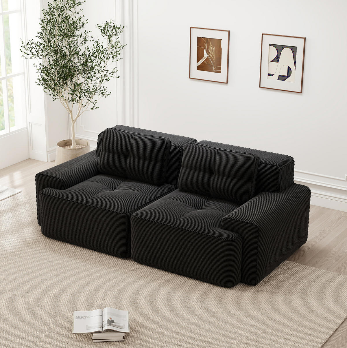 2-SITZER Sofa mit Tiefsitz, geschwungener Rückenlehne, rutschfester Basis und breiten Armlehnen, Schwarz - Schwarz, Textil (204/69/104cm) - Redom