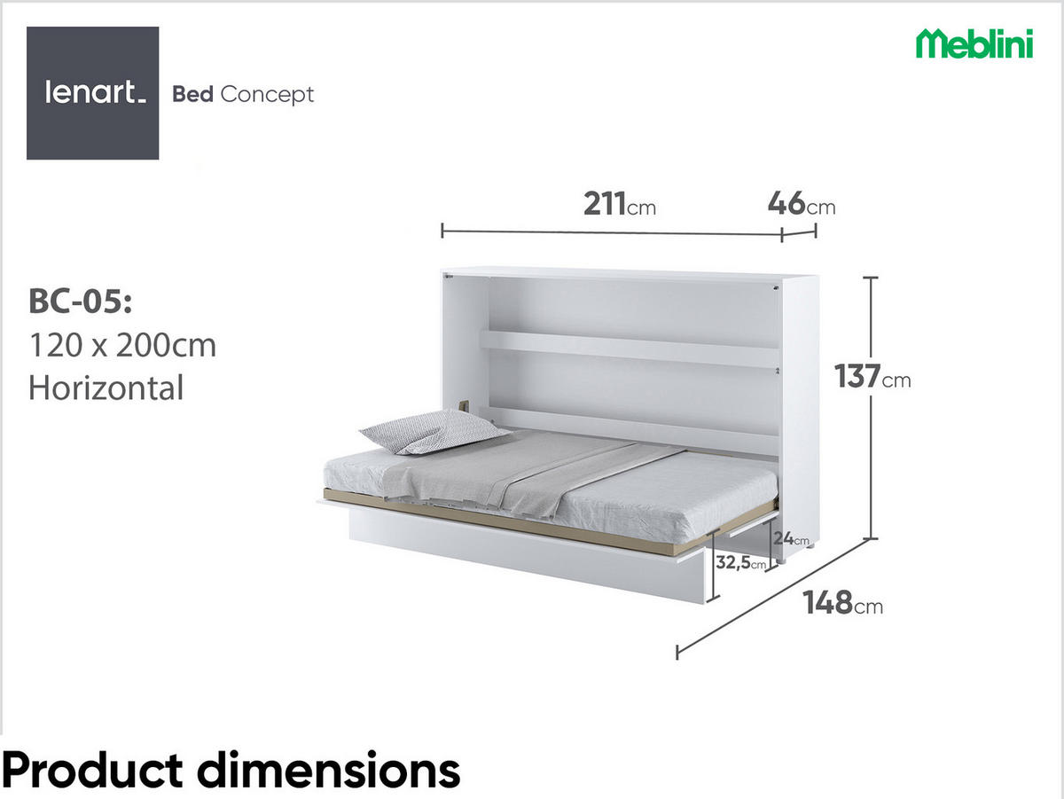 SCHRANKBETT BC-05 - 120x200cm Horizontal - Weiß Hochglanz/Weiß mit Matratze - Weiß Hochglanz, Holzwerkstoff (200/120cm) - Meblini
