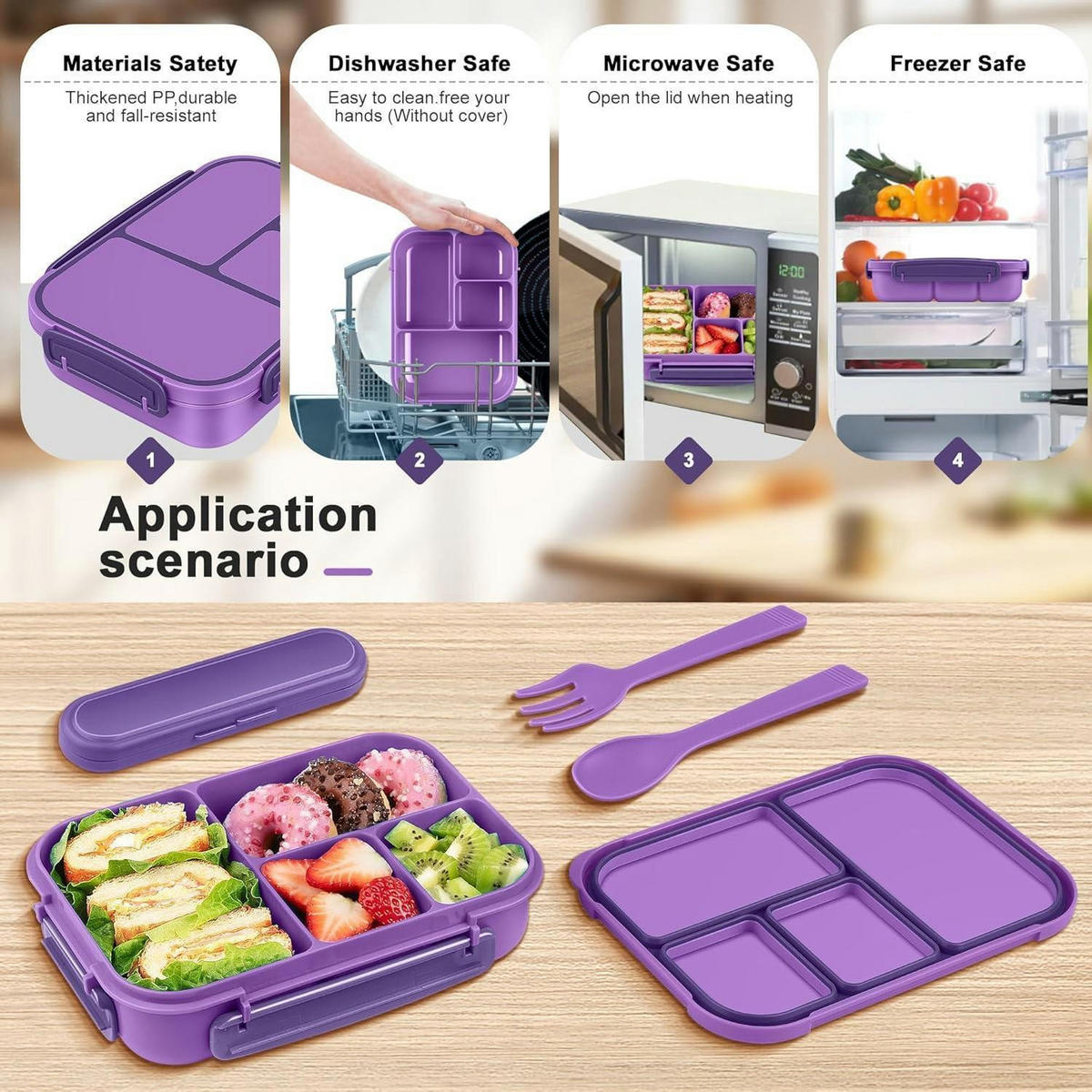 BENTO Box Kinder 1200ml 4 Fächer Lila mit Besteck - Lila, Kunststoff (16/5.8/22.5cm)