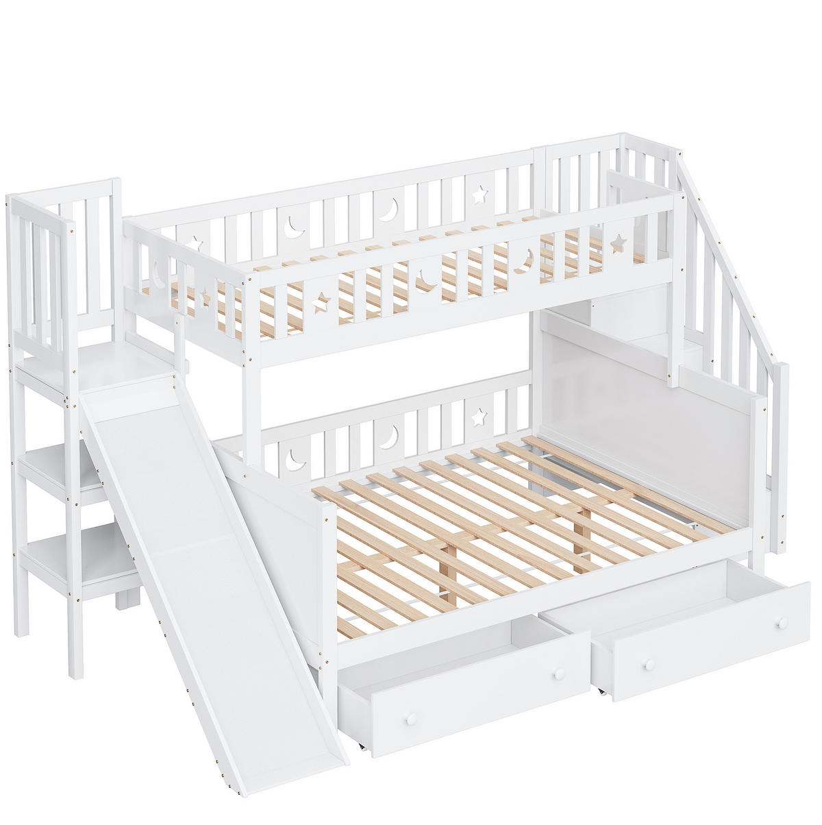 ETAGENBETT 90/200 & 140/200 cm mit Rutsche, Leiter, Regalen und 2 Schubladen, Weiß - Weiß, Holzwerkstoff (90/140cm) - Redom