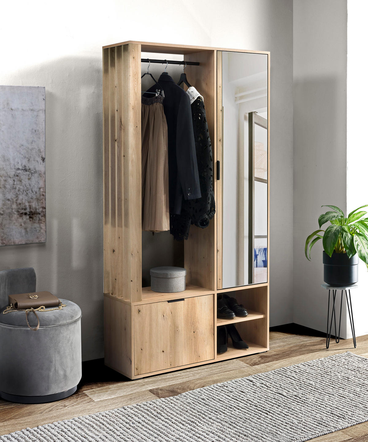 GARDEROBEN-SET Lena mit Spiegel, Sitzbank & Kleiderstange – 100/189/33 cm – Artisan Eiche - Eiche Artisan, Holzwerkstoff (100/189/33cm) - WFL GROUP