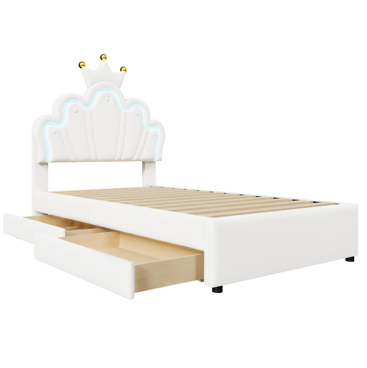 KINDERBETT Kindereinzelbetten 90/200 cm mit verstellbarem Kopfteil, LED-Beleuchtung, 2 Schubladen und PU-Bezug, Weiß - Weiß, Leder (90/200cm) - Redom