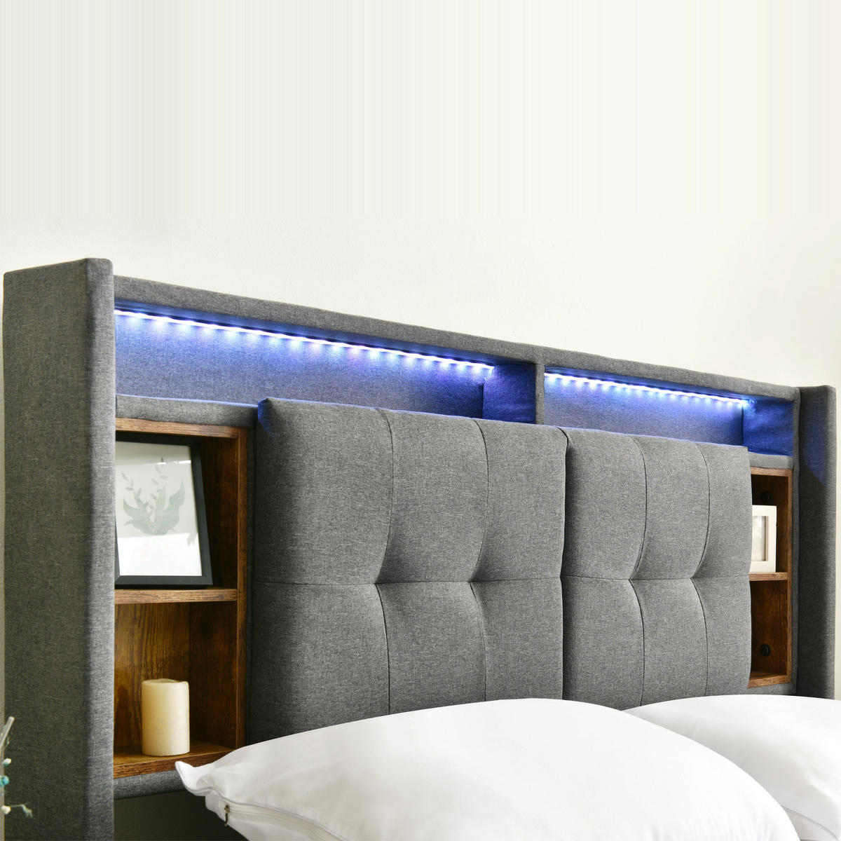 POLSTERBETT 140/200 cm grau mit Stauraum-Kopfteil, USB-Anschlüssen und LED-Beleuchtung - Grau, Holz (140/200cm) - OKWISH