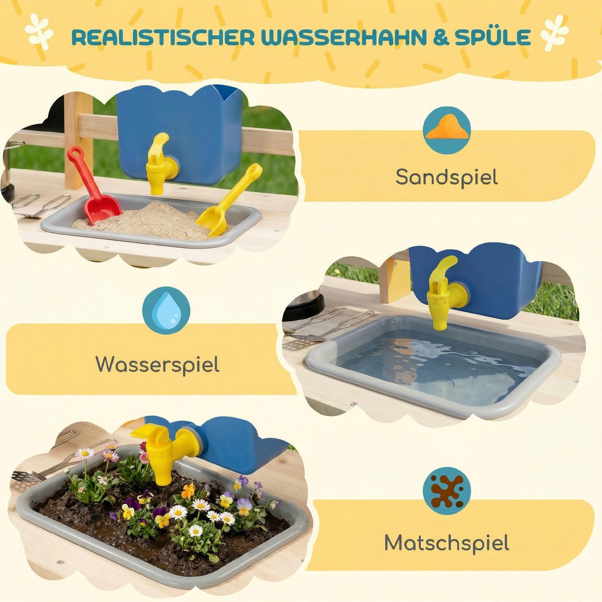 OUTDOOR-KINDER-MATSCHKÜCHE Tannenholz Edelstahl Naturholz - Naturfarben, Holz (34.4/84.2cm) - AIYAPLAY