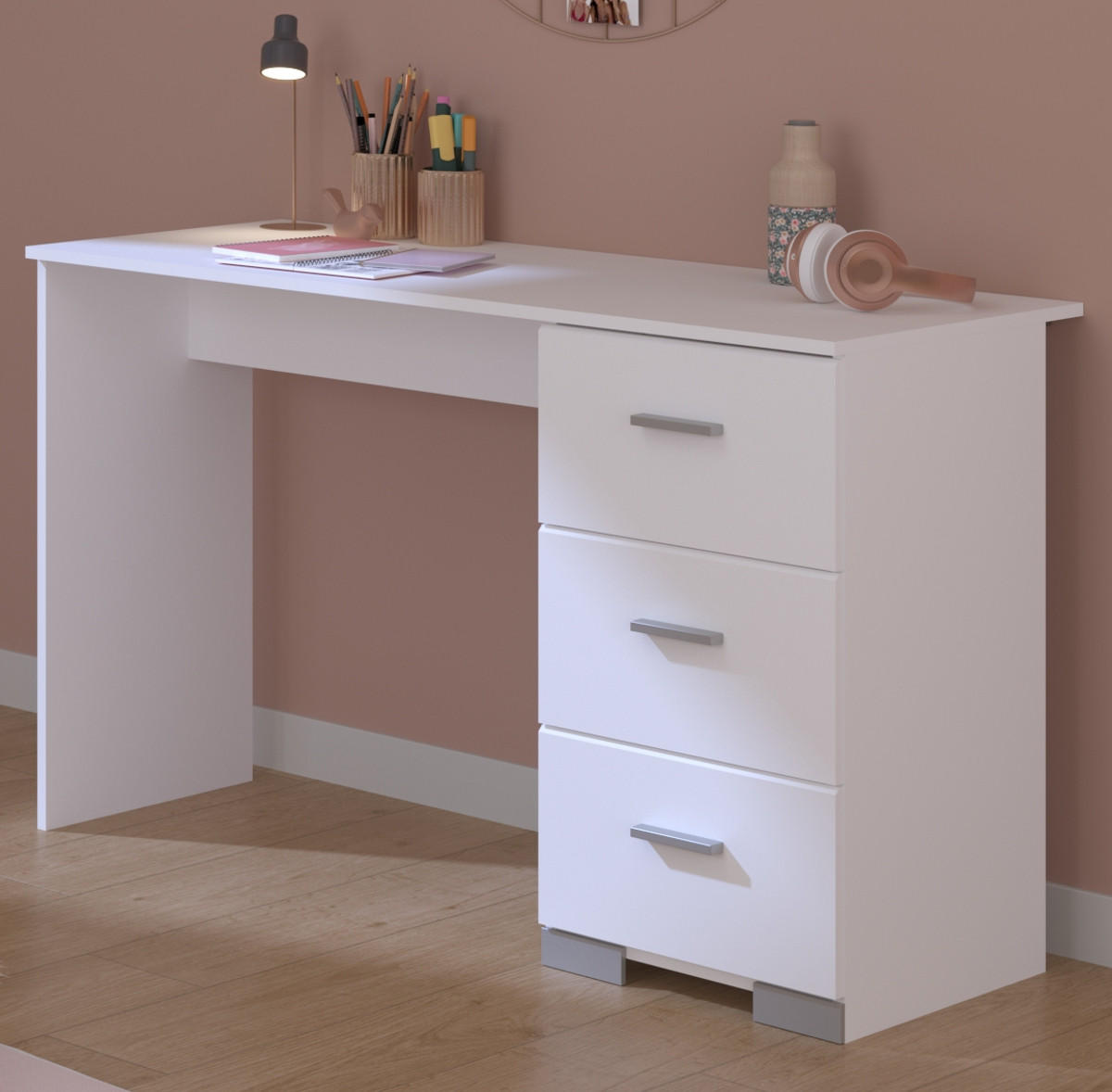 KINDERZIMMER Set 3-tlg. mit Schreibtisch Kommode Bett 90x200 cm - Silberfarben/Weiß, Holzwerkstoff/Kunststoff (120/107/82cm) - Parisot Meuble