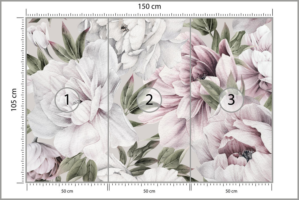 FOTOTAPETE für Schlafzimmer Pastell Pfingstrosen Boho Pflanzen 150x105 - Violett/Rosa, Papier (150/105cm) - Muralo