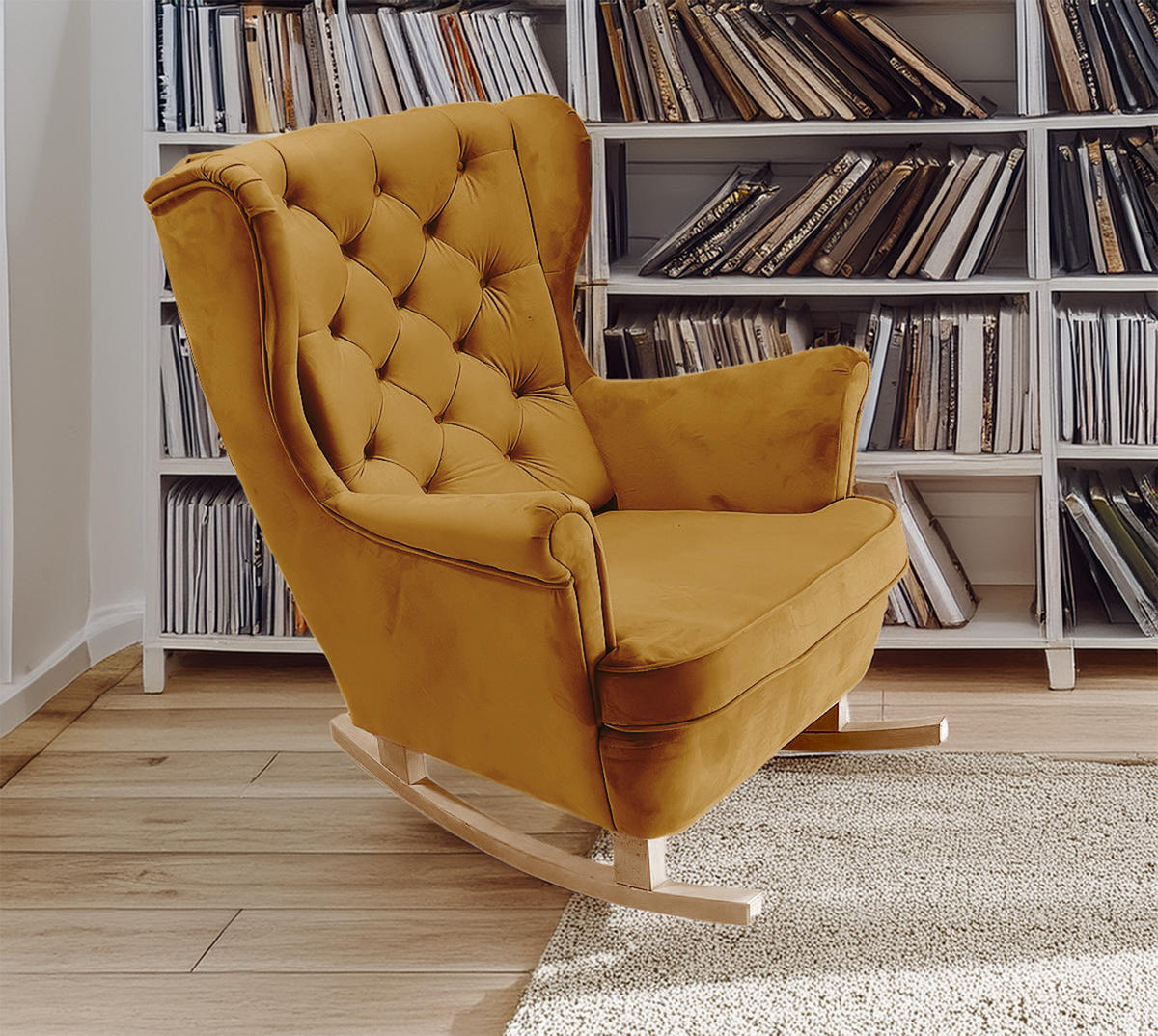 SCHAUKELSESSEL mit gepolstertem Sitz und Armlehnen, 102x81x95 cm, Olive_29817 - Buchefarben/Dunkelgelb, Holz/Textil (81/102/95cm) - DomoHome