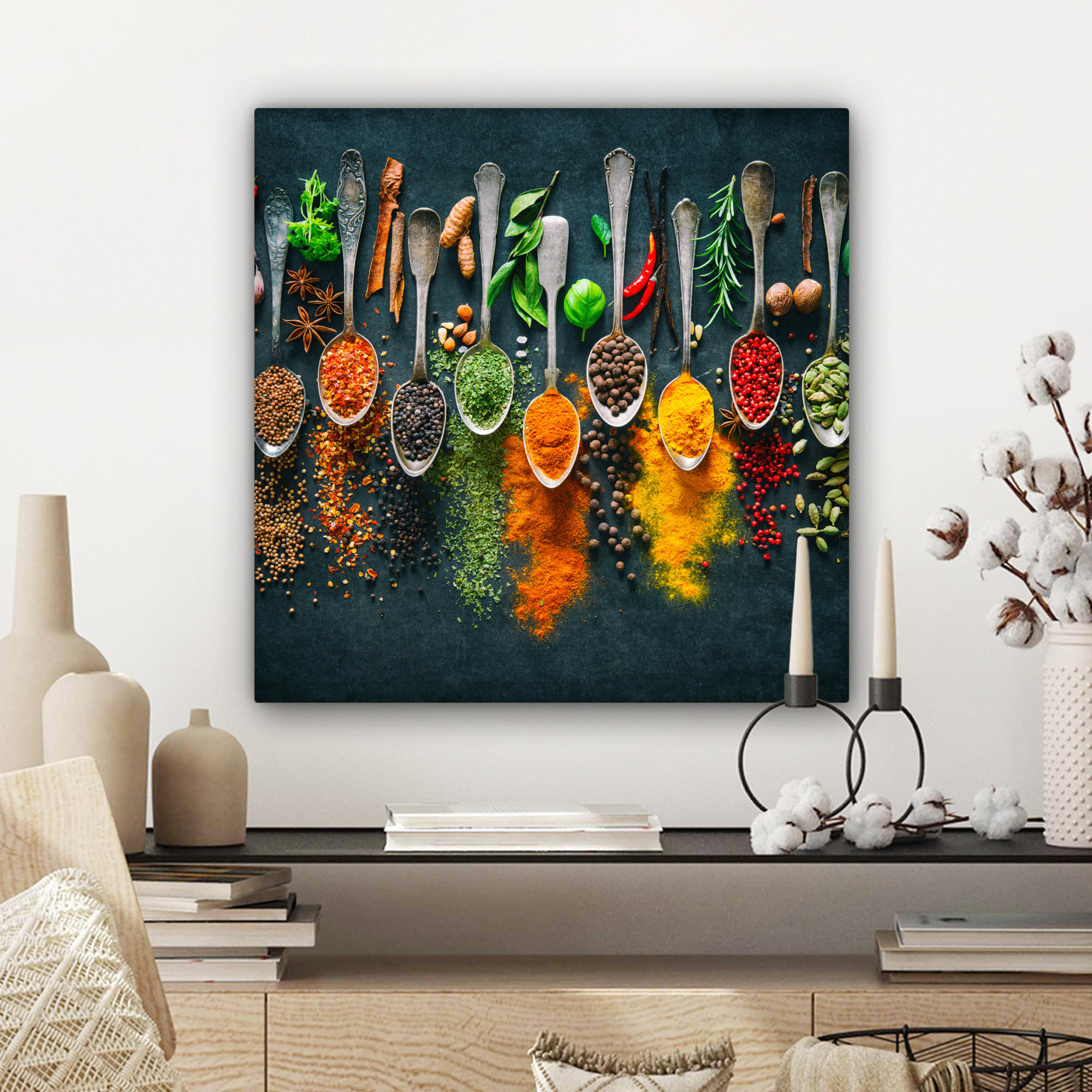 LEINWANDBILD Kräuter - Gewürze - Löffel 50x50 cm - Currygelb, Textil (50/50cm) - MuchoWow