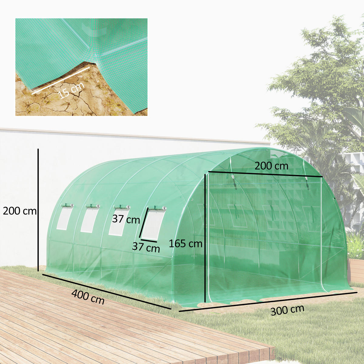 GEWÄCHSHAUSFOLIE 3 x 4 m, wasserdicht Polyethylenfolie mit Rolltür, 8 Fenster - Grün, Kunststoff (300/200/400cm) - Outsunny