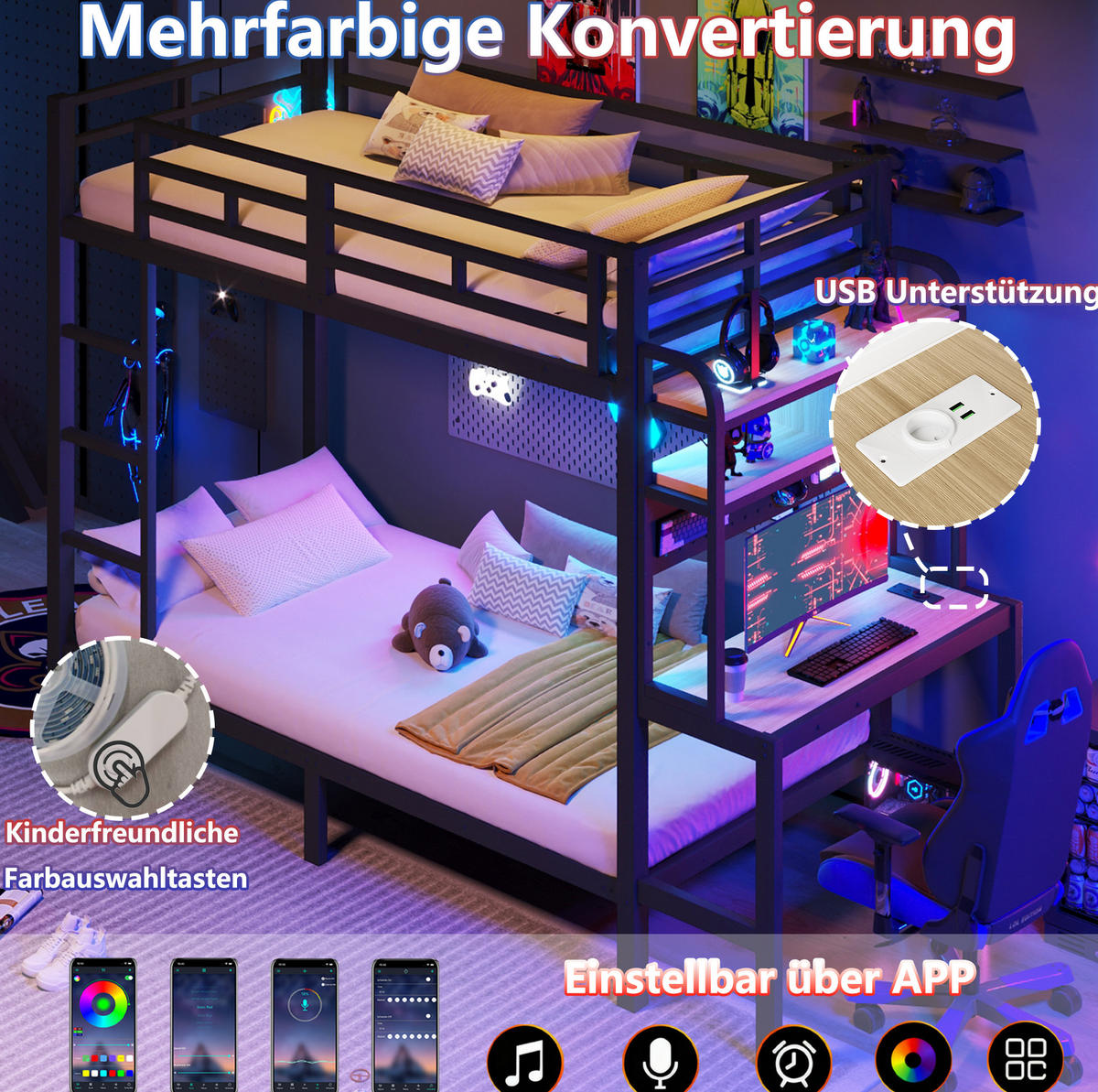 ETAGENBETT 90/200 cm aus Metall mit Schreibtisch, LED-Lichtleiste, Schwarz - Schwarz, Metall (90/200cm) - OKMYHOME