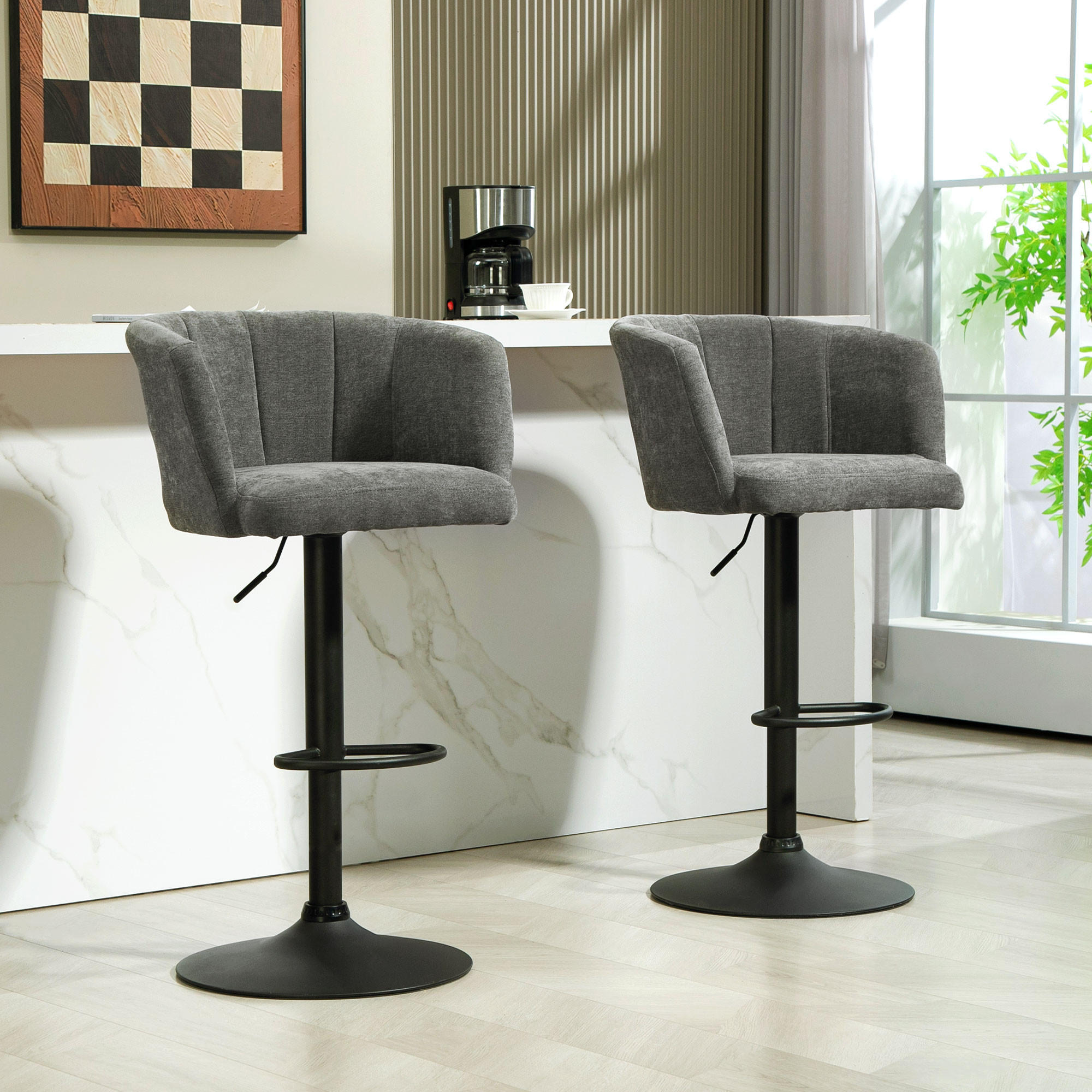 2ER-SET Barhocker, Bistrohocker mit Fußstütze, Drehbar Barstuhl Höhenverstellbar - Dunkelgrau/Schwarz, Kunststoff/Textil (53/110/59cm) - HOMCOM
