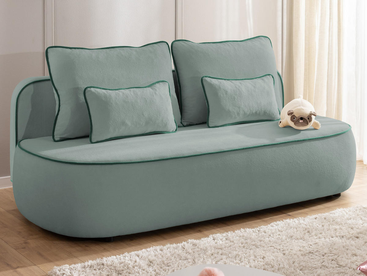 KINDERSOFA Vero im modernen und abgerundeten Design mit Schlaffunktion und Bettkasten aus Blaugrau Plüschstoff mit petrolfarbener Paspel - Blaugrau/Schwarz, Holz/Kunststoff (210/90/98cm) - S-Style Möbel