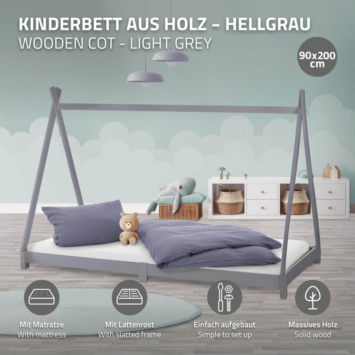 KINDERBETT Tipi mit Matratze 90x200 cm Hellgrau - Hellgrau, Holz (90/200cm) - ML-DESIGN