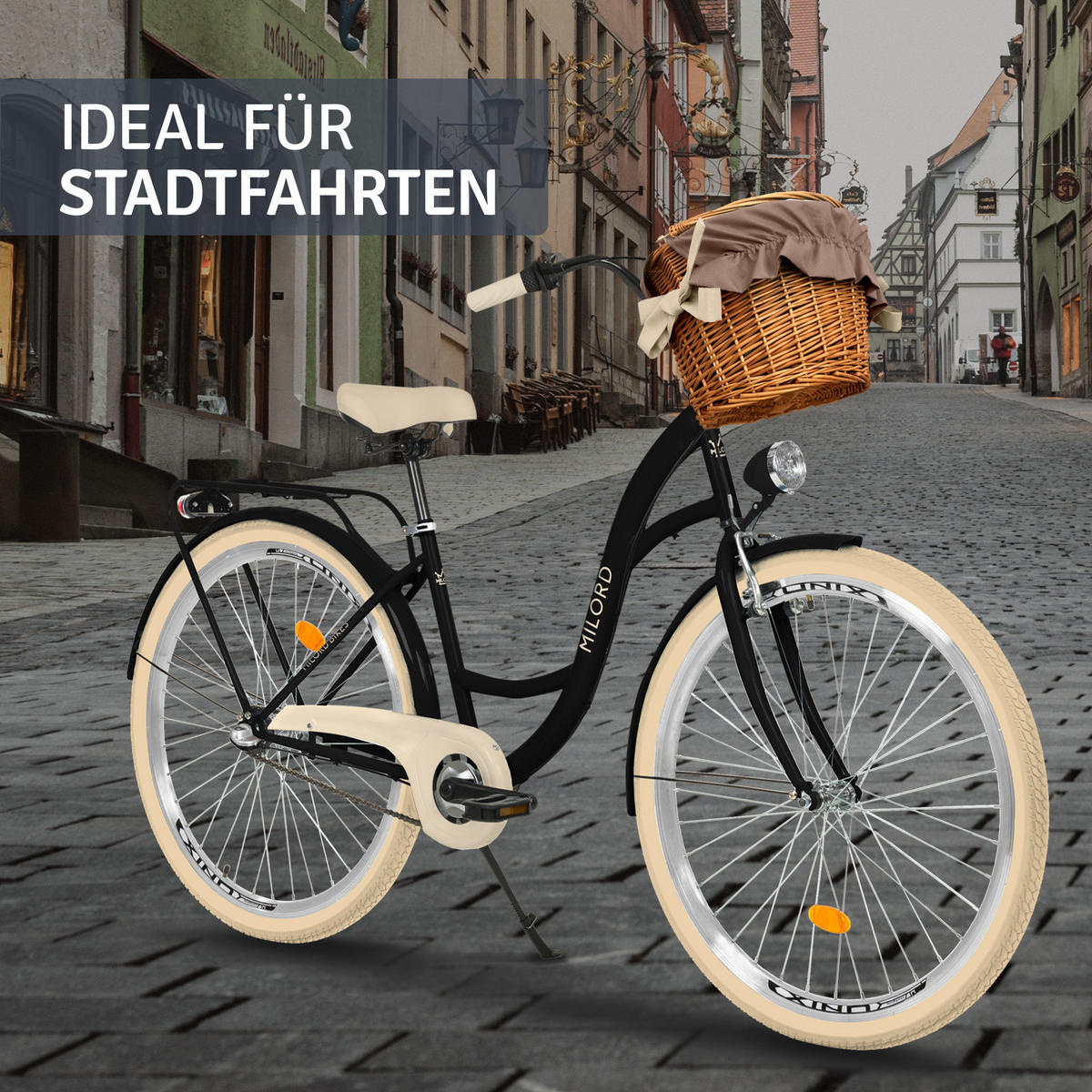 CITY-FAHRRAD Milord mit Weidenkorb, 28 Zoll, Schwarz-Creme, 3-Gang - Creme/Schwarz, Metall (46cm) - Milordbikes