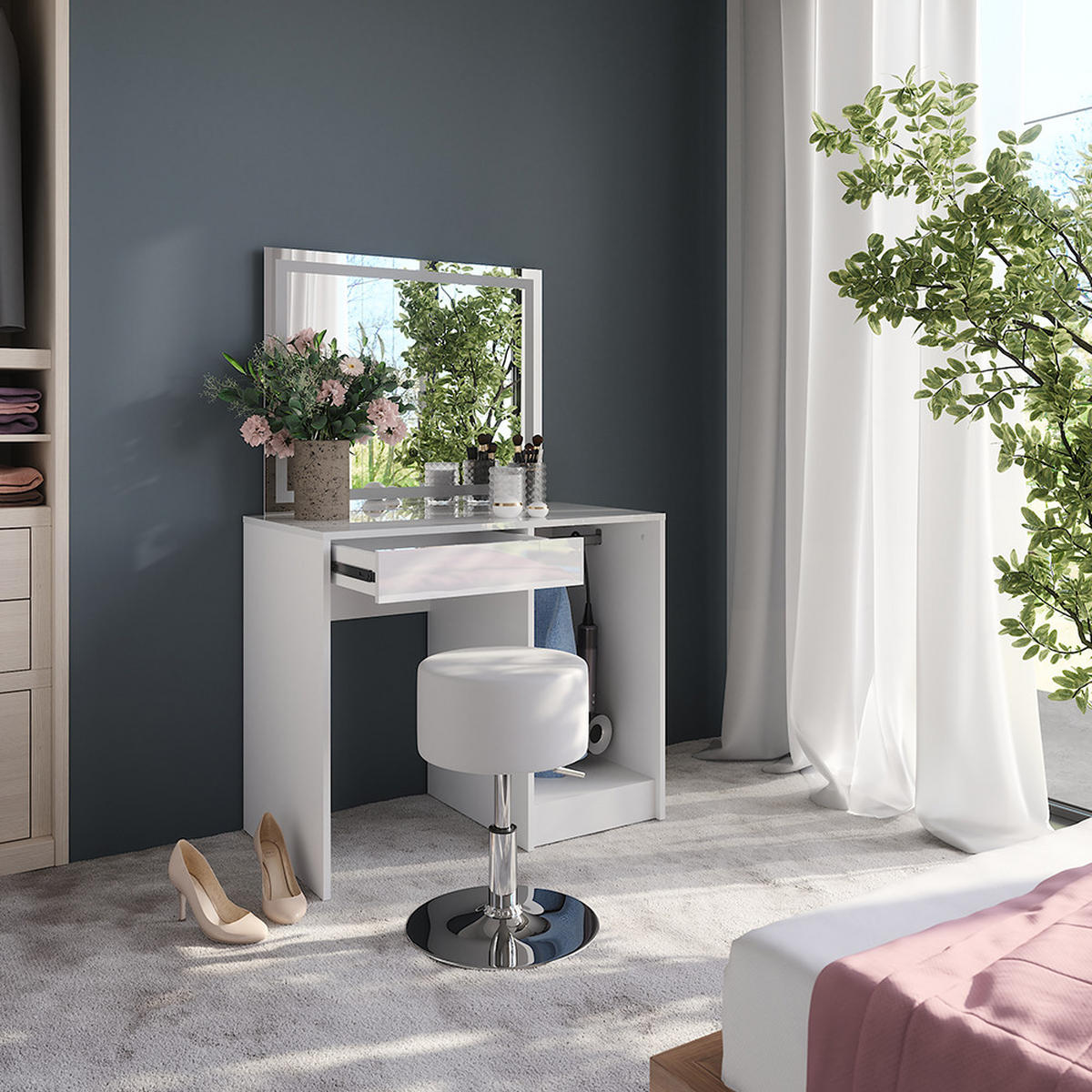 SCHMINKTISCH Sherry Weiß/Weiß Hochglanz 89.8 cm mit LED-Spiegel und Hocker - Weiß Hochglanz, Holzwerkstoff (89.8/76/50.1cm) - Vicco