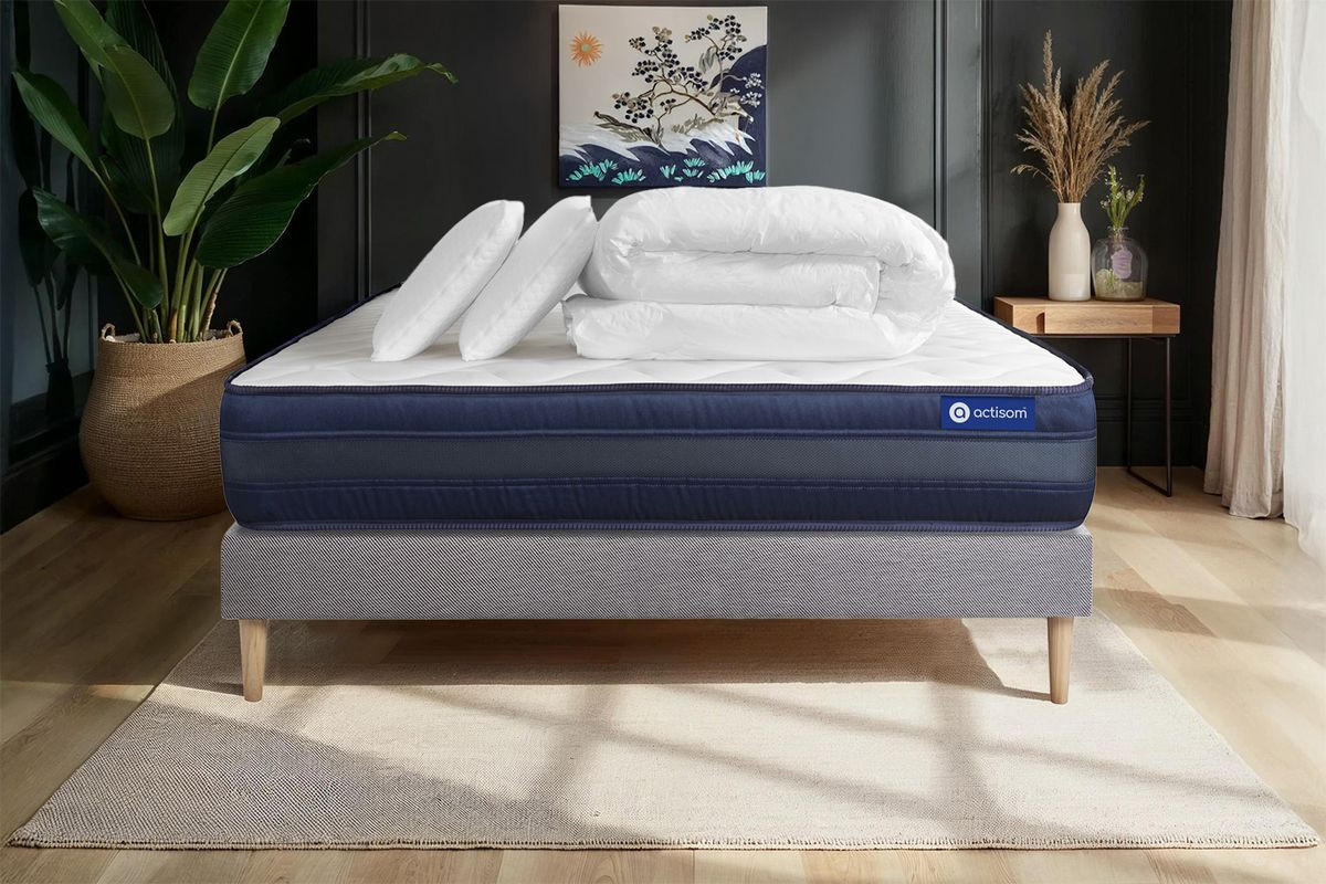BETT Actilatex tech Latex und Memory-Schaum 200 x 200 cm h4 - Kit Bettgestell Grau - Mit Kissen und Bettdecke - Beige/Grau, Karton/Holz (200/200cm) - ACTISOM