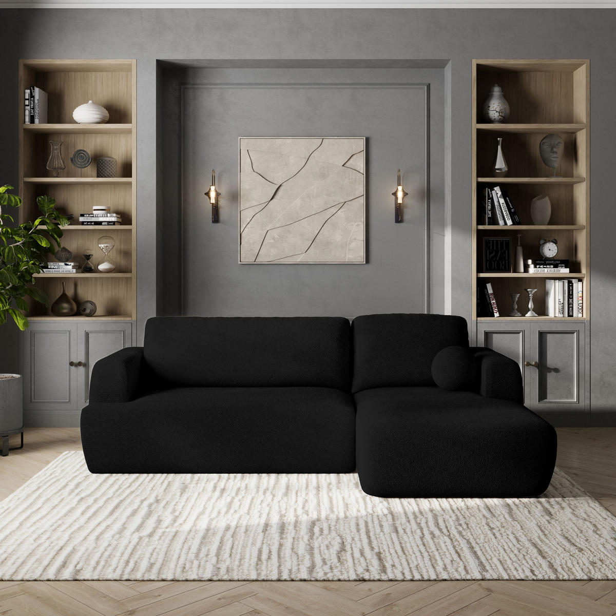 ECKSOFA SENTI N R-S Schwarz Boucle-Stoff mit Schlaffunktion - Schwarz, Holz (246/148cm) - MASSENO