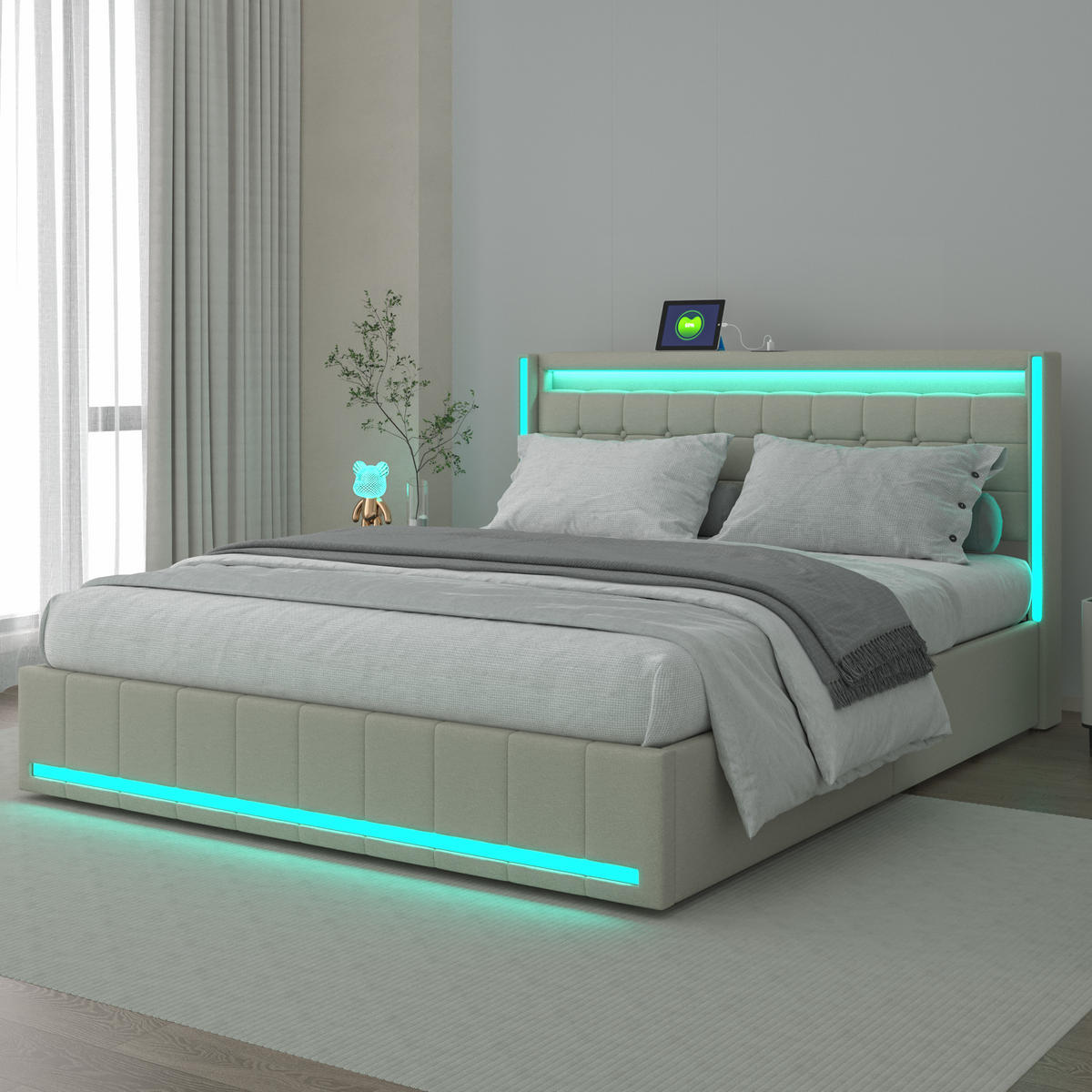 MANŽELSKÁ postel 180x200 cm, LED, USB, 4 zásuvky, lněná, béžová - béžová, kov - SHOPENTRA