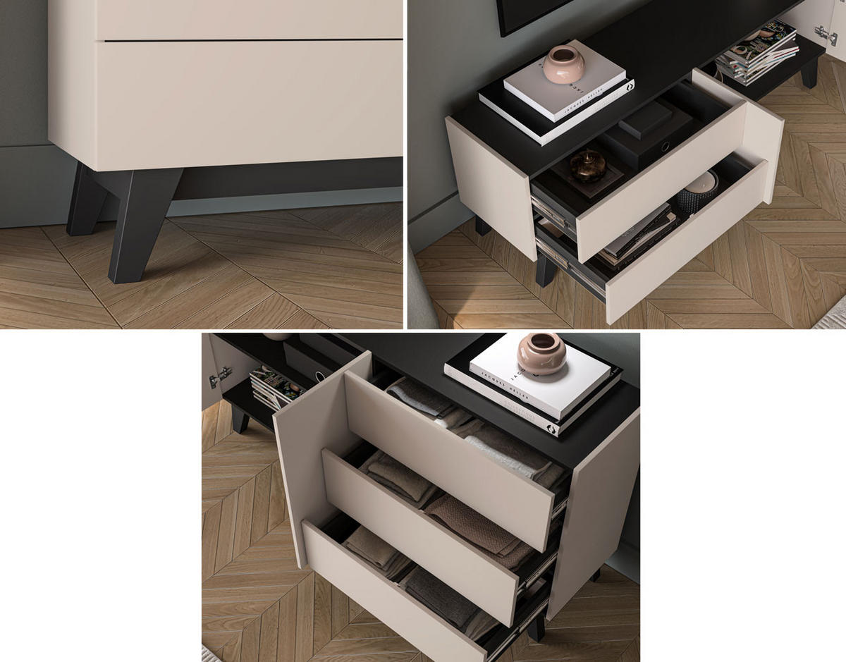 WOHNZIMMER-SET Freshion Kaschmir / Schwarz 2-teilig - Kaschmir/Creme, Holz/Holzwerkstoff (320/85/40cm) - Feldmann-Wohnen