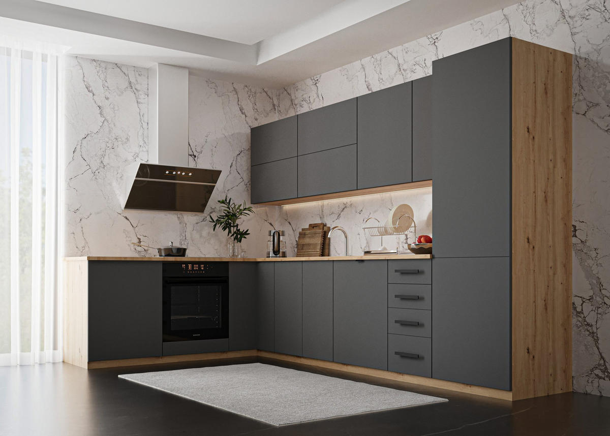 ECKKÜCHE 330 x 210 cm – Nexa K53-G330 – in Grau / Matt - Schwarz/Grau, Holz/Metall (330/212/58cm) - ROYAL24_MARKT