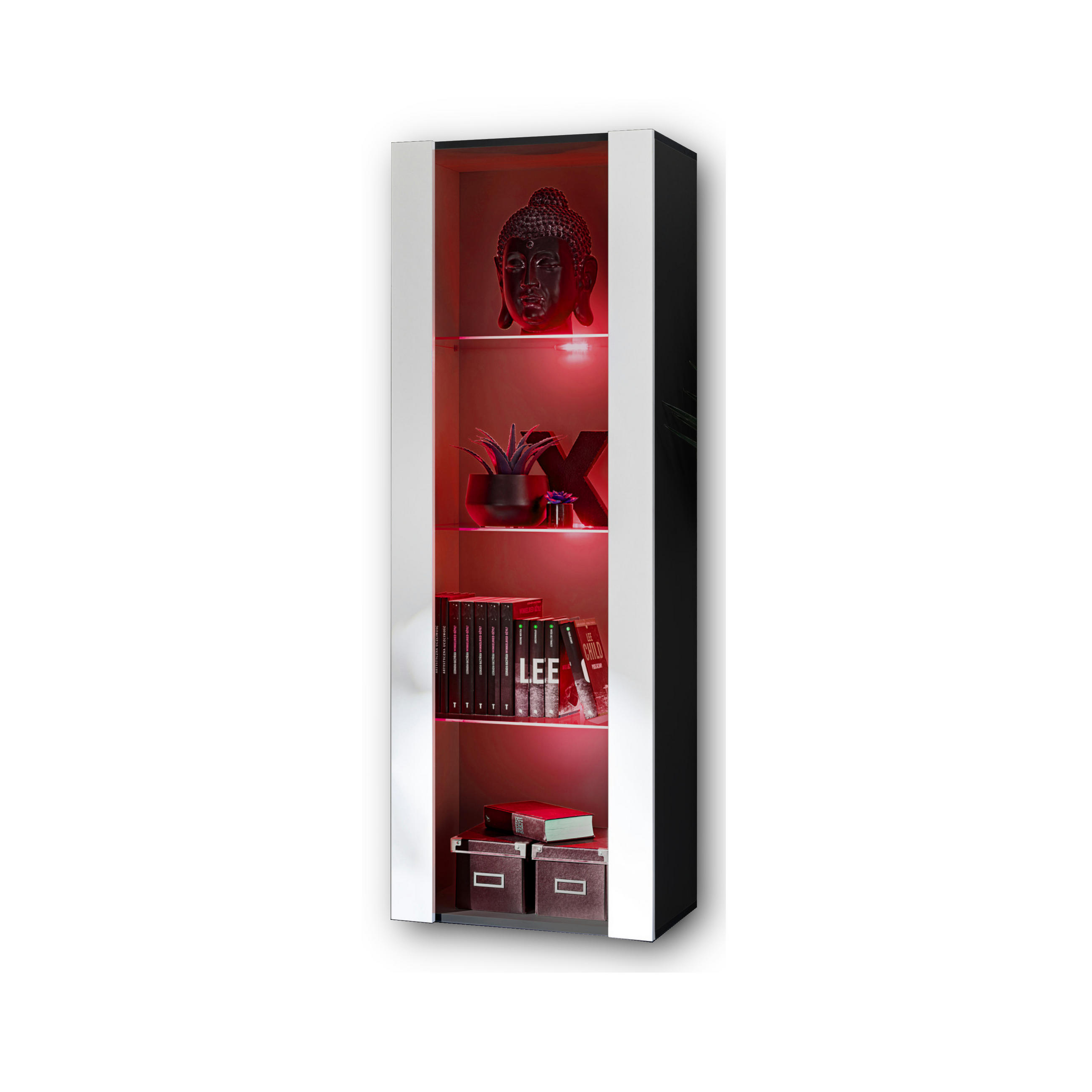 VITRINE TIVOLI, Schwarz + Weiß, LED Mehrfarbige - Schwarz/Weiß, Glas/Holzwerkstoff (55/159/35cm) - Komodee