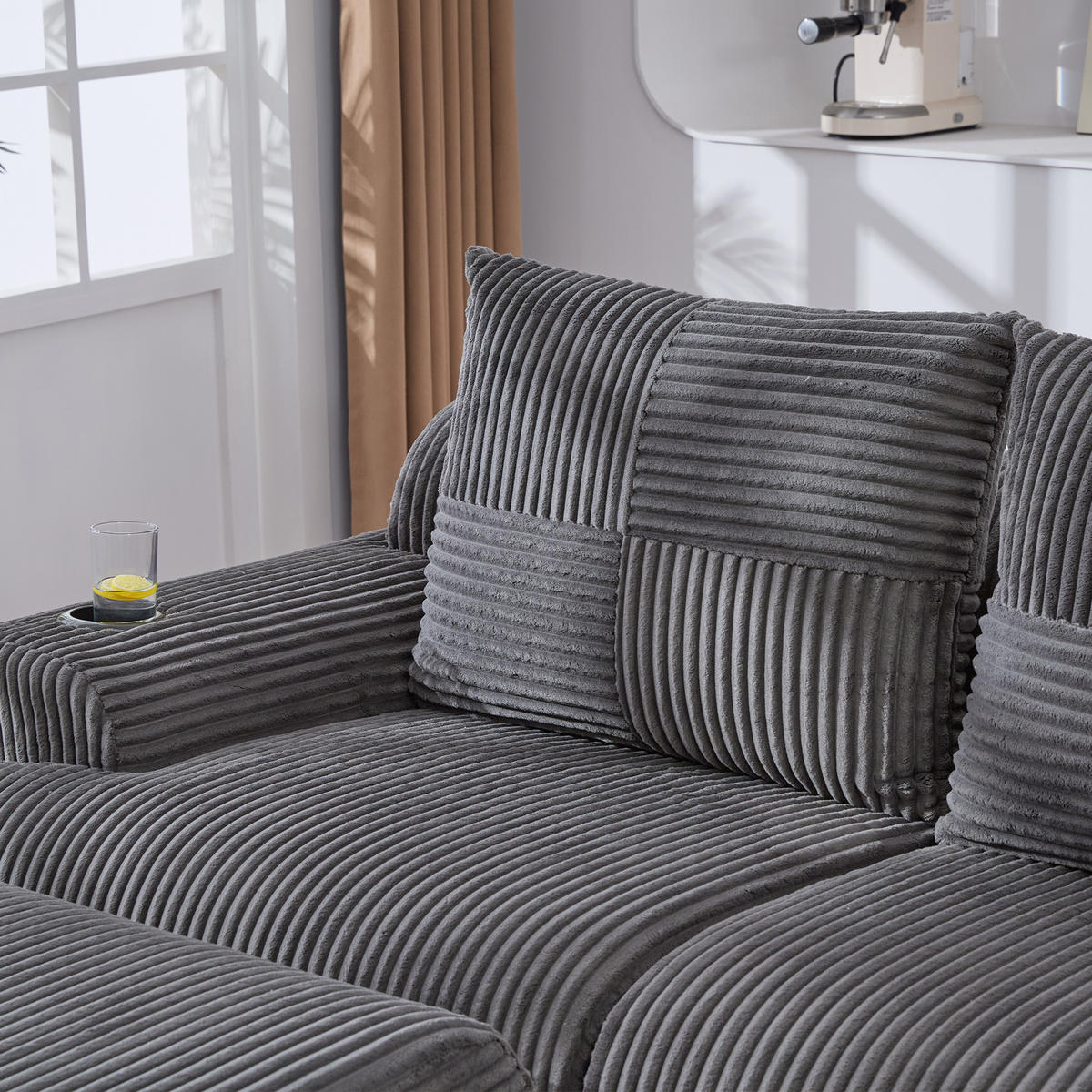 3-SITZER Sofa aus Cord 268x174x80 cm mit Cupholder & Seitentasche, dunkelgrau - Dunkelgrau, Textil (174/80/268cm)