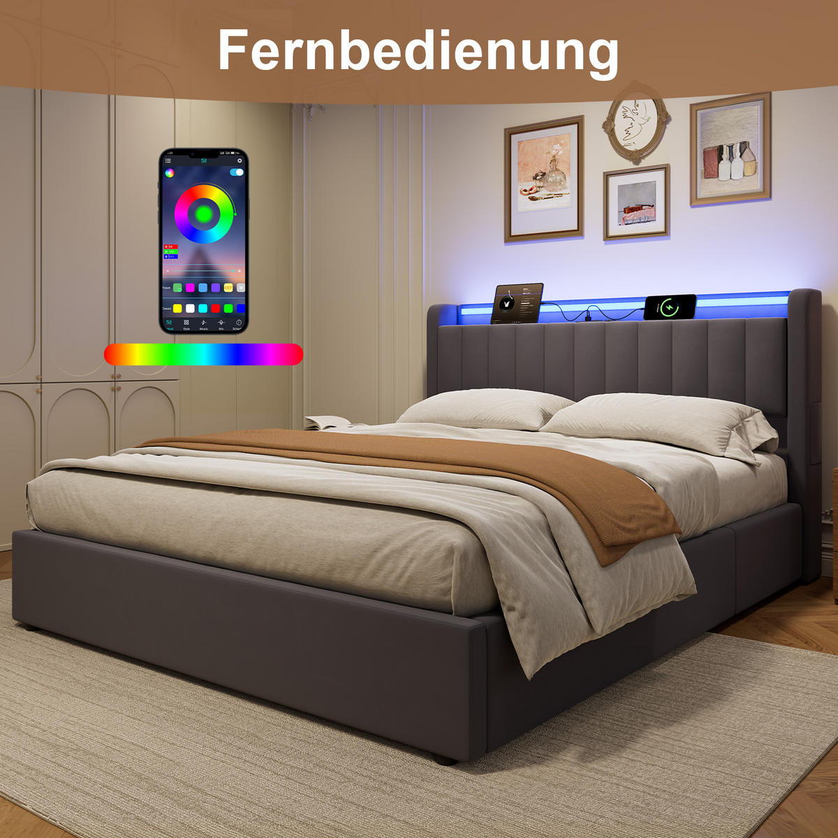 POLSTERBETT 160x200cm mit abgerundeten Kanten,mit Bettkasten und LED-Beleuchtung,Grau - Grau, Holzwerkstoff/Textil (160/200cm) - EVRYAE