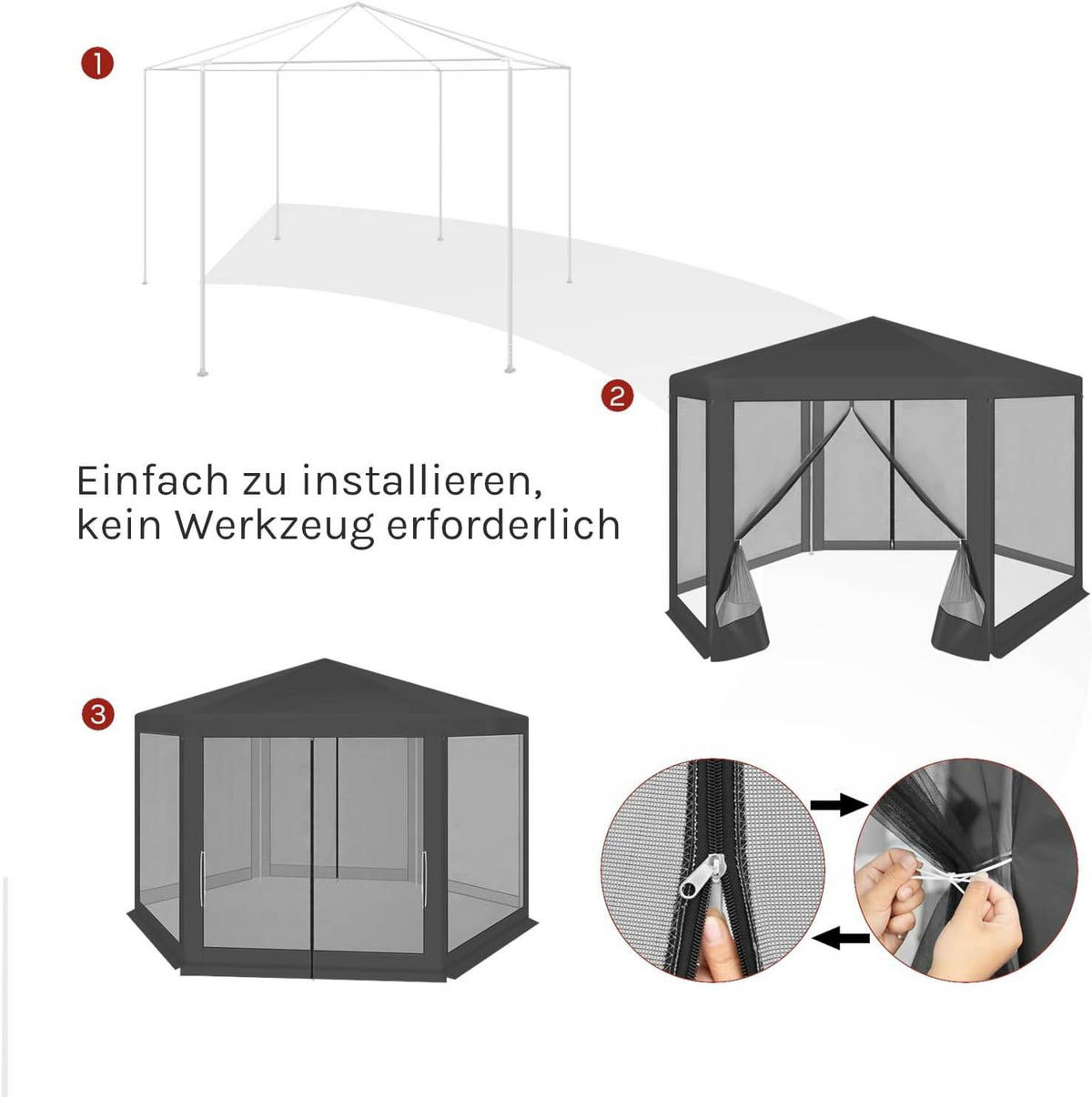 PAVILLON 3,8x3,3 m seckeckig, Gartenpavillon mit Seitenwänden Moskitonetz - Grau, Metall (380/250/330cm) - Woltu