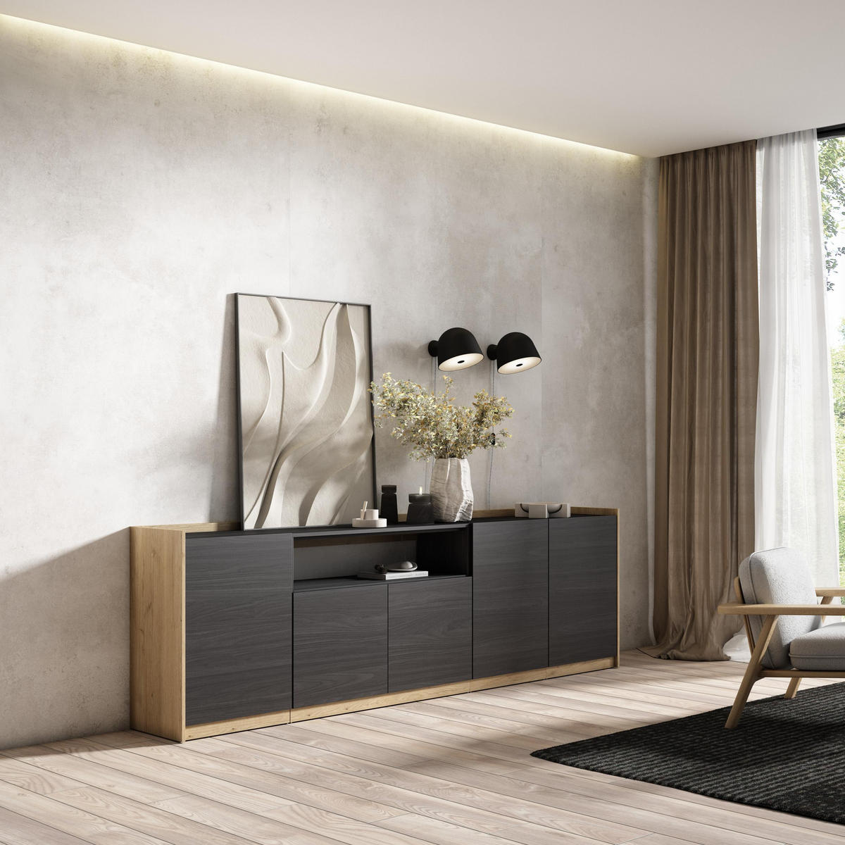 SIDEBOARD, Highboard, Schwarz Eiche, 260/37/80cm - Schwarz, Holzwerkstoff (260/80/37cm) - Skraut Home