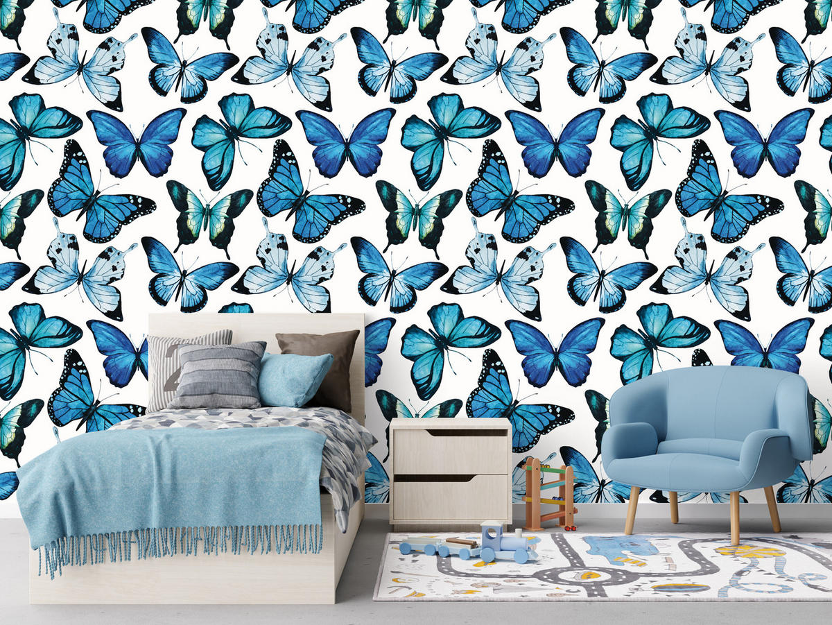 VLIESTAPETE Schmetterlinge im Boho-Stil – Blau, Weiß – 50x1000 cm - Blau/Weiß, Papier (50/1000cm) - Muralo