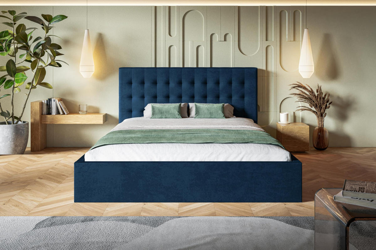 BETT 90x200 - Polsterbett mit Bettkasten und Metallrahmen - Modern Betten - Glatter Kronos-Stoff - Kollektion Rio, Blau - Blau, Holz/Textil (90/200cm) - Alpi-Möbel