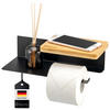 TOILETTENPAPIERHALTER VARAZ mit 2 Ablagen, Metall und Bambus - Schwarz, Metall (31.5/9.5/13cm) - eluno