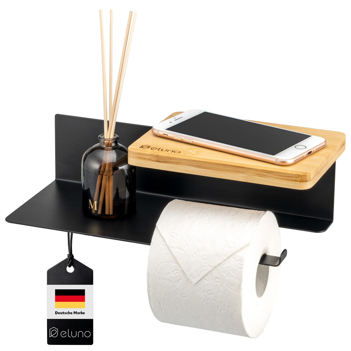 TOILETTENPAPIERHALTER VARAZ mit 2 Ablagen, Metall und Bambus - Schwarz, Metall (31.5/9.5/13cm) - eluno