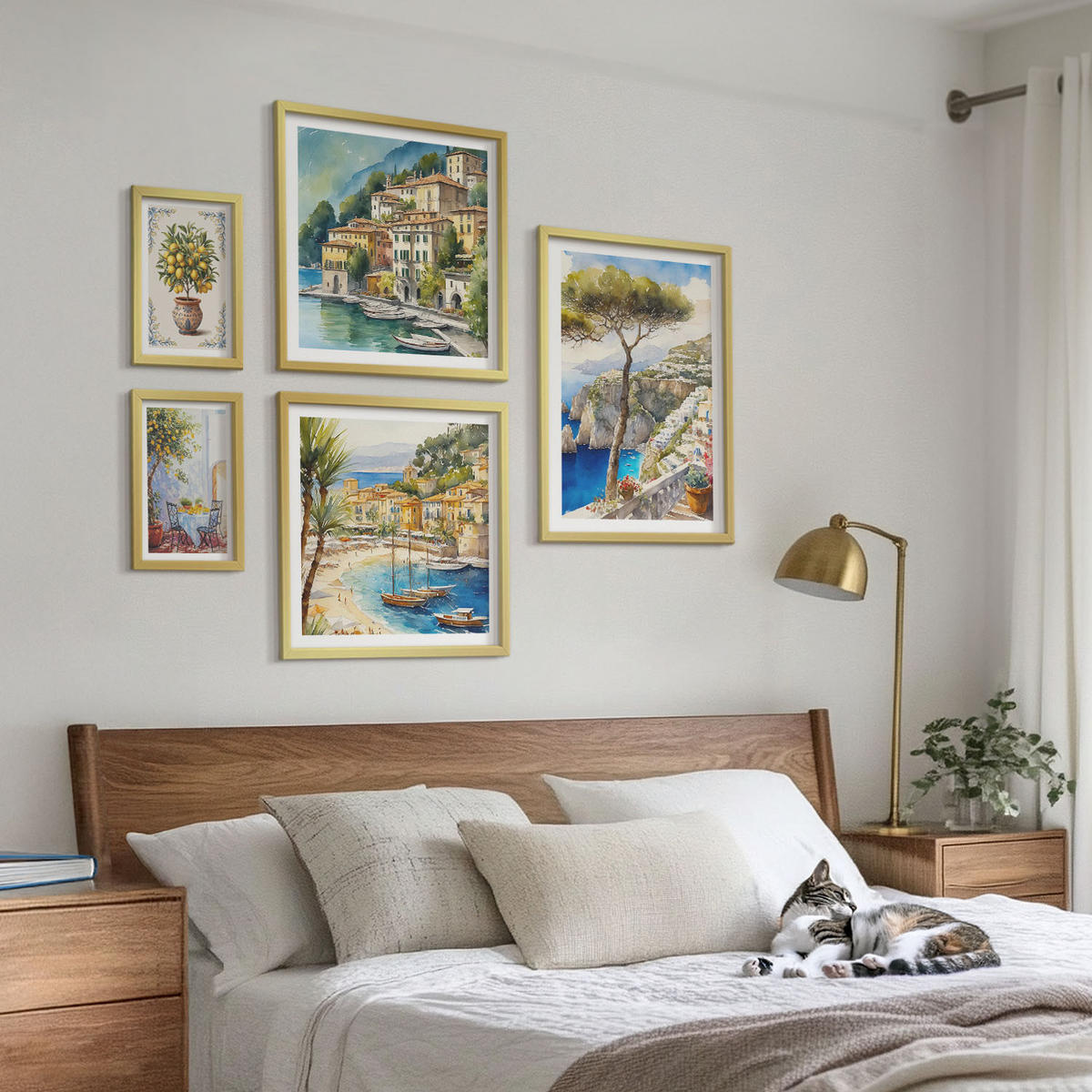 WANDBILDER 5er Set - 50x50 cm & 20x30 cm & 40x60 cm Goldrahmen - Monochromatische Brückentürme - Goldfarben, Kunststoff (40/60cm) - ArtPrintCave