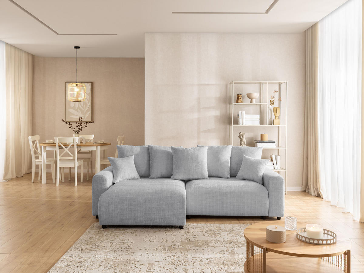 ECKSOFA Calma mit Schlaffunktion und Bettkasten im Bumpy-Design aus weichem Hellgrau Chenille-Stoff - Ottomane links - Beige/Hellgrau, Holz/Kunststoff (140/239cm) - S-Style Möbel