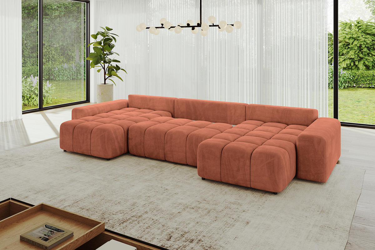 WOHNLANDSCHAFT ENIL-U 390x175x84 Koralle Velours - Koralle, Holzwerkstoff/Kunststoff (390/84/175cm) - ALTDECOR