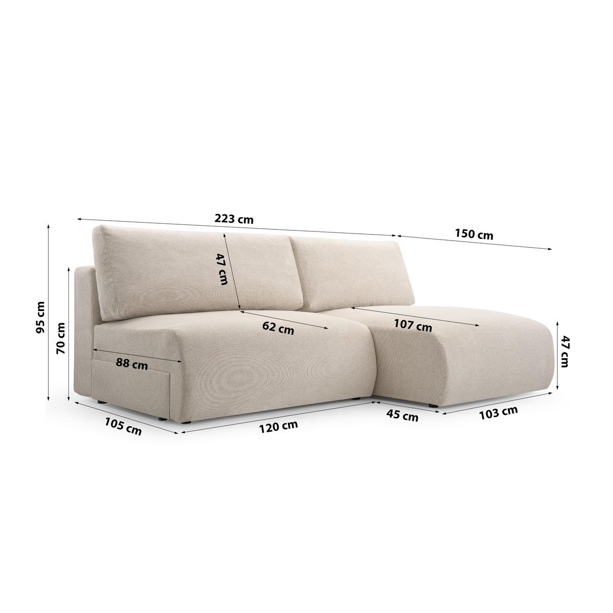 ECKSOFA mit Schlaffunktion Ripley, Creme - Creme, Textil (150/223cm) - Fedve