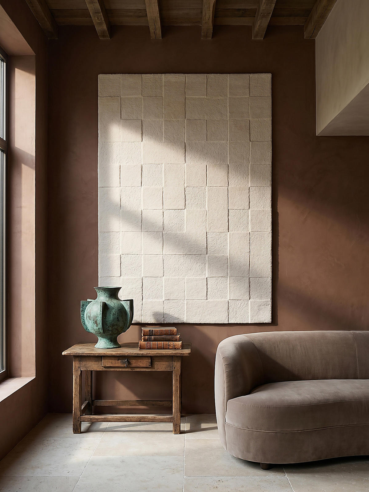 TEPPICH aus Wolle DEBEN in Elfenbein, mit Schachbrettmuster, 160 x 230 cm - Beige, Textil (160/230cm) - KADIMA DESIGN