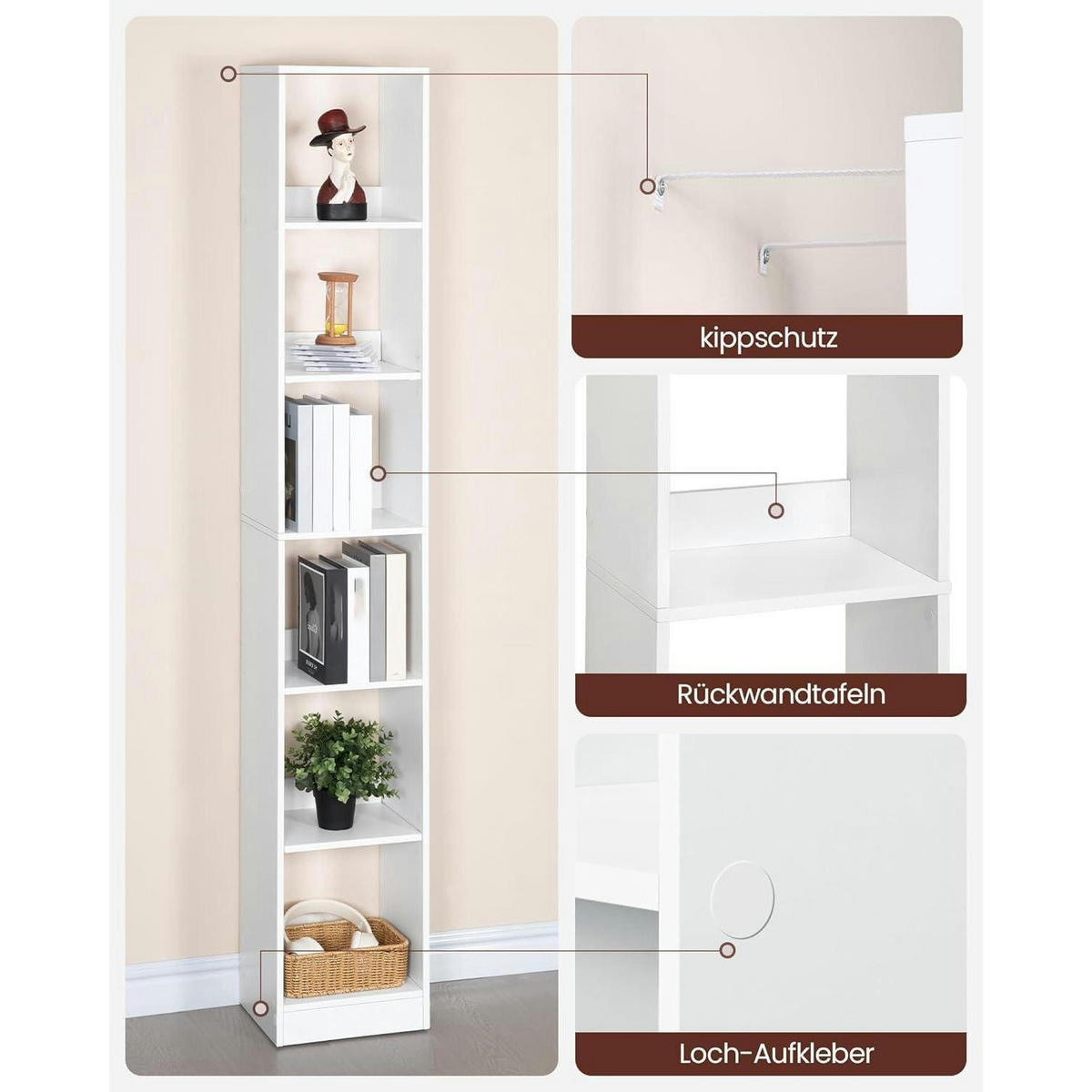 BÜCHERREGAL 6-stöckig Weiß 24 x 30 x 183 cm - Weiß, Holzwerkstoff (30/183/24cm)
