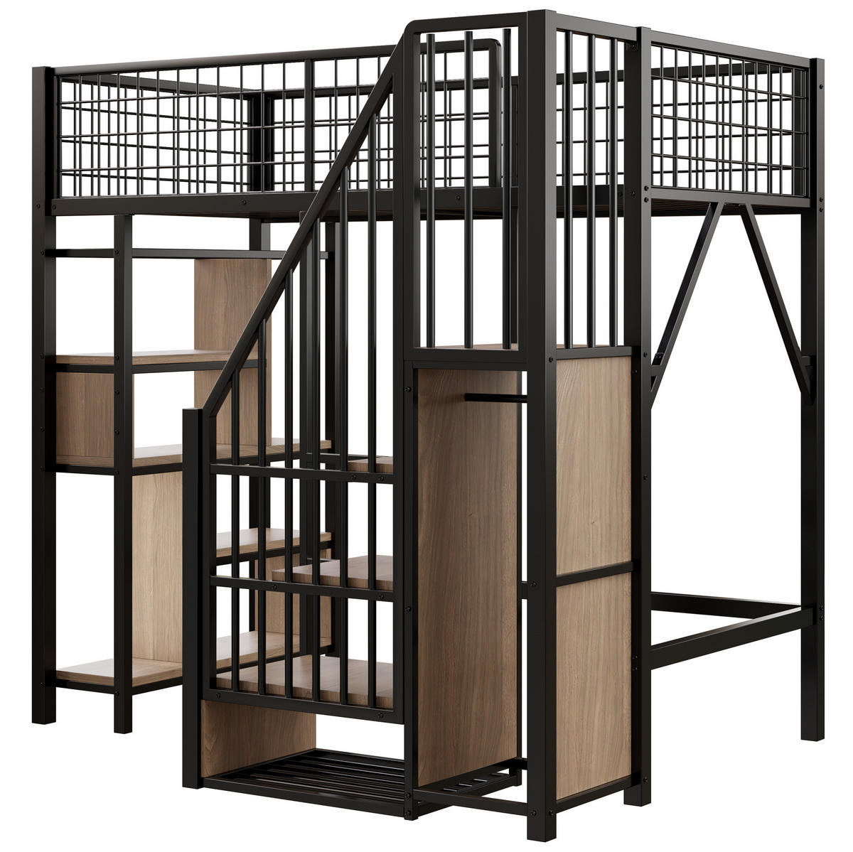 HOCHBETT 90/200 cm schwarz mit Stauraumtreppe und Ablageflächen mit Matratze - Schwarz, Metall (90/200cm) - OKWISH