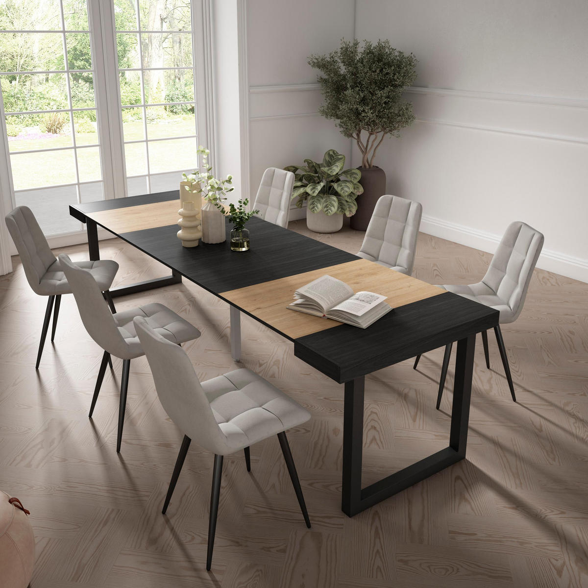 KONSOLENTISCH ausziehbar 58 bis 302cm, für 14 Gäste, eiche, schwarz, 90/58/73cm - Eichefarben/Multicolor, Holzwerkstoff (90/302/73cm) - Skraut Home