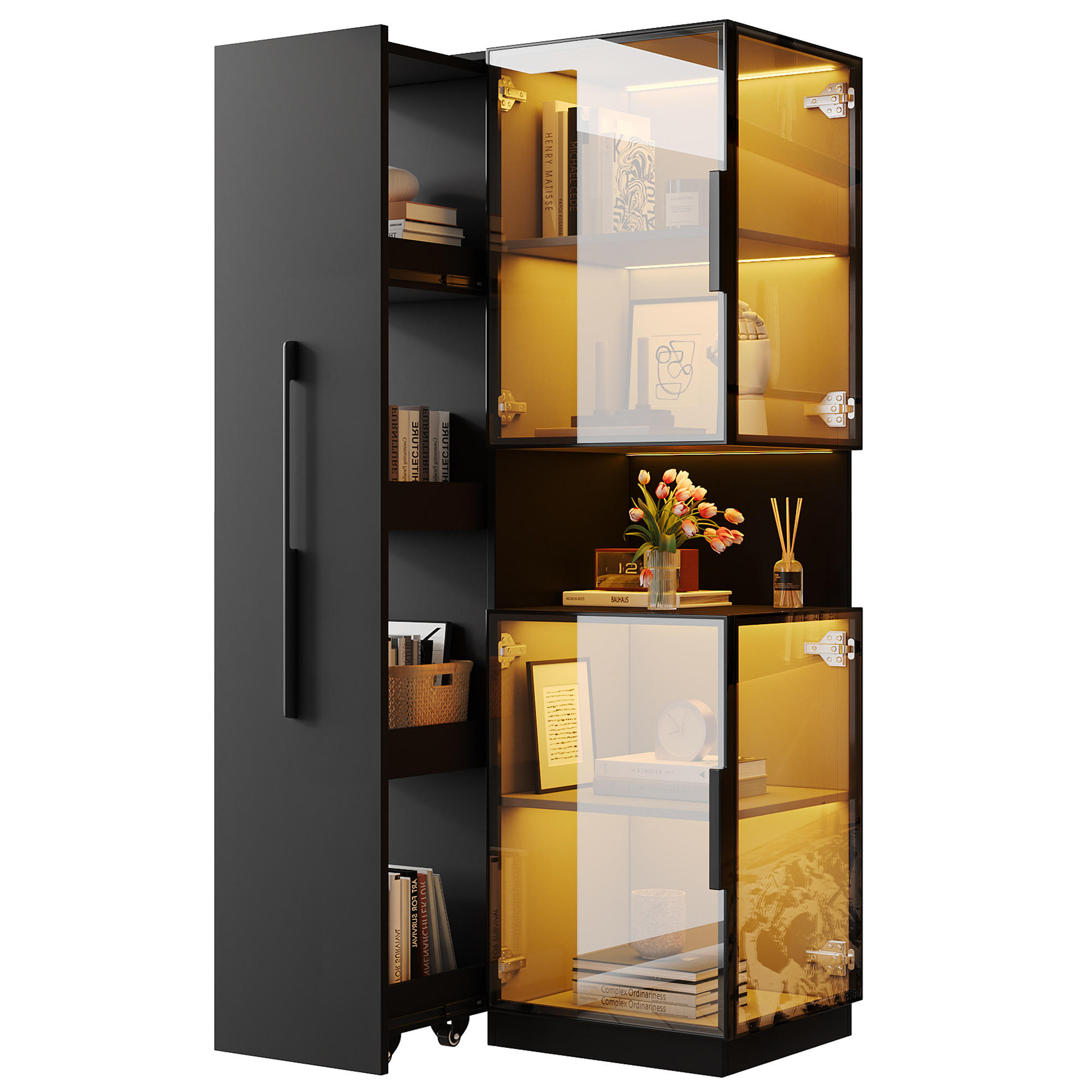 VITRINE LED Glasvitrine Ausziehregal Hochschrank 160cm Weiß - Schwarz, Glas (70/160/38cm) - FLIEKS