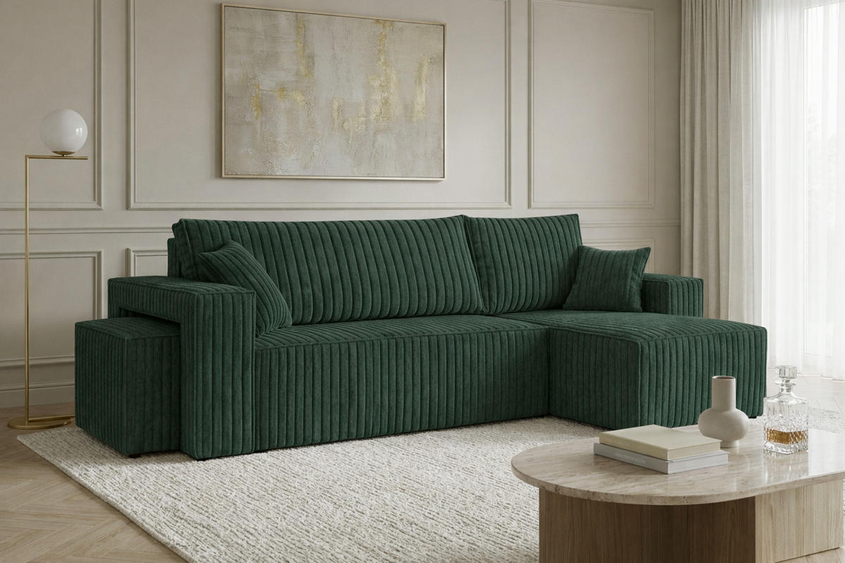 ECKSOFA Mit Schlaffunktion Und Pouf, Cordstoff Tilia, Grün, Rechts, Best L Mit Pouf - Grün, Holz (244/145cm) - Kaiser Möbel