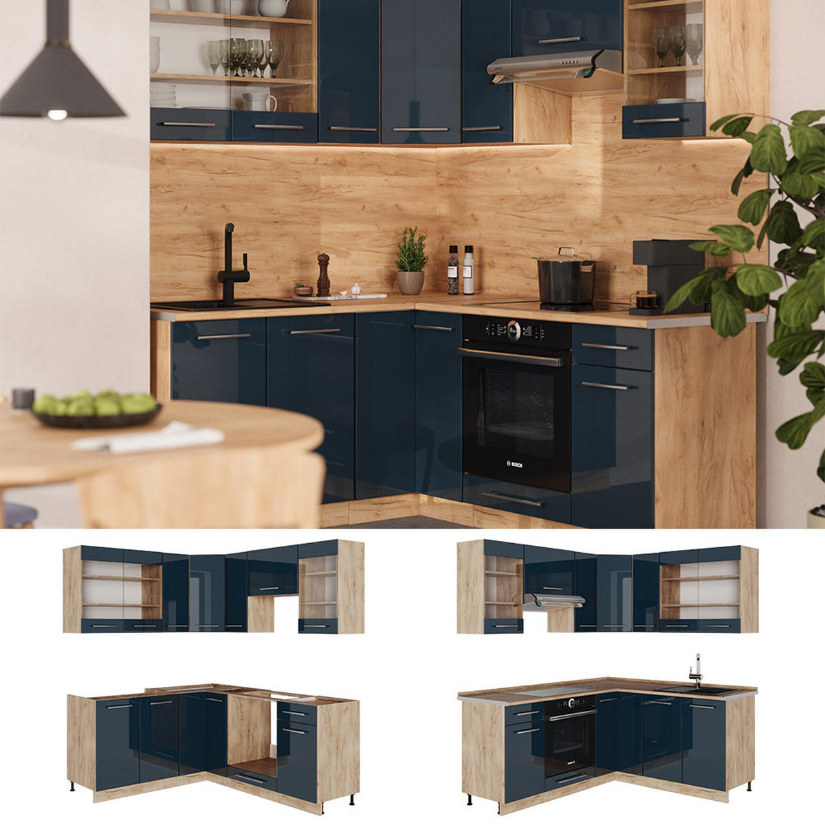 ECKKÜCHE Fame-Line Dunkelblau Hochglanz/Goldkraft Eiche 160x190 cm AP Anthrazit - Eiche Wotan/Dunkelblau, Holzwerkstoff (190/81.6/60cm) - Vicco