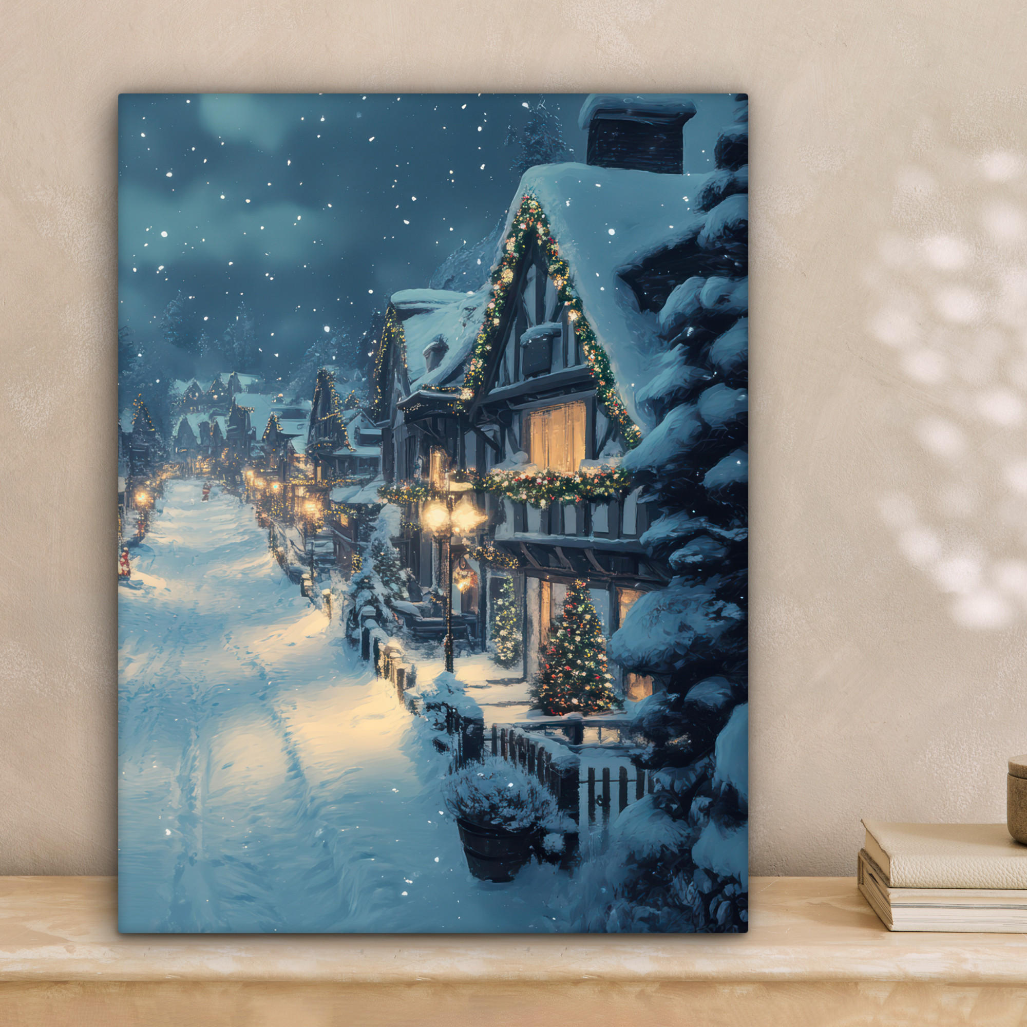 LEINWANDBILD Weihnachtsdorf - Weihnachten - Schnee - Winter 30x40 cm - Dunkelblau, Textil (30/40cm) - MuchoWow