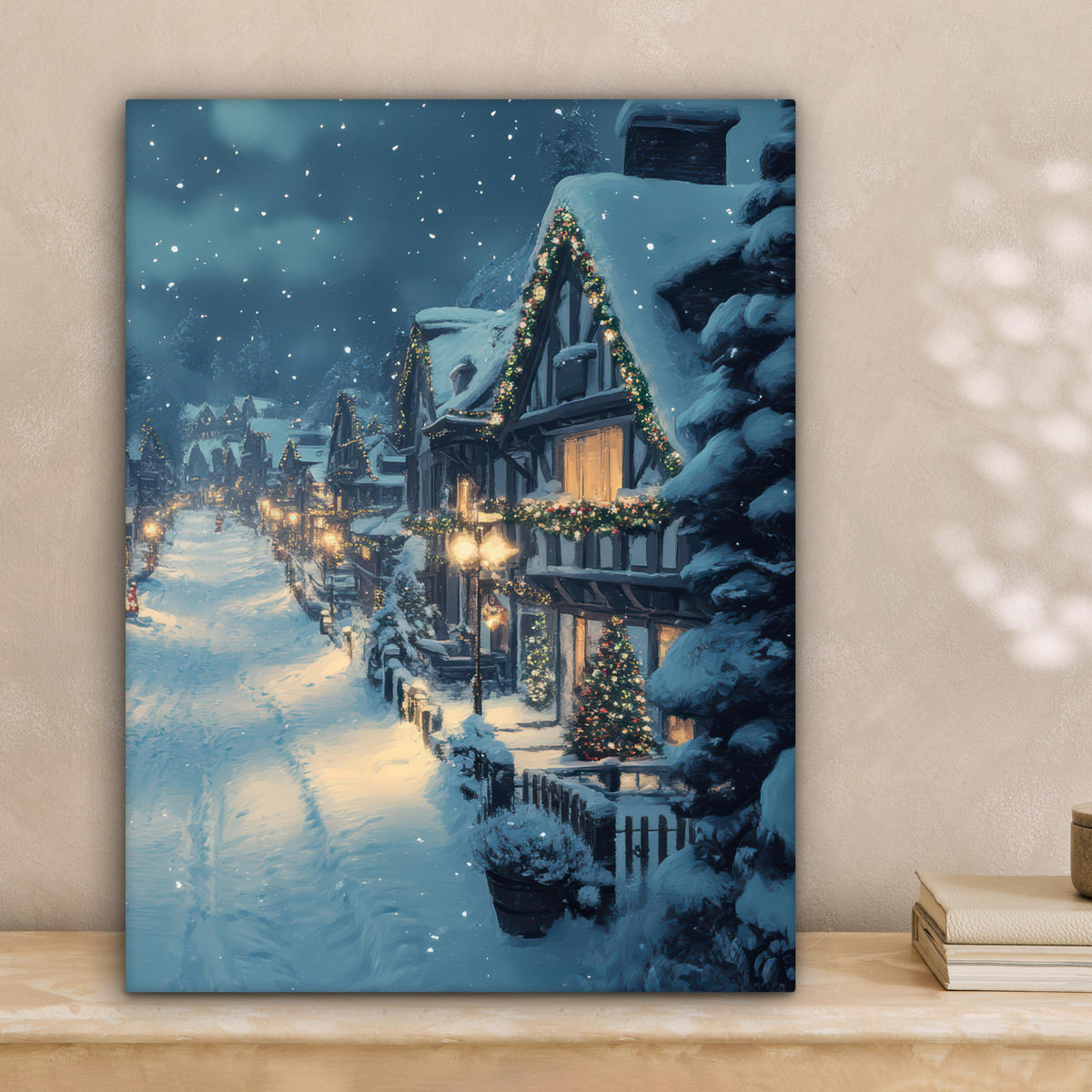 LEINWANDBILD Weihnachtsdorf - Weihnachten - Schnee - Winter 30x40 cm - Dunkelblau, Textil (30/40cm) - MuchoWow