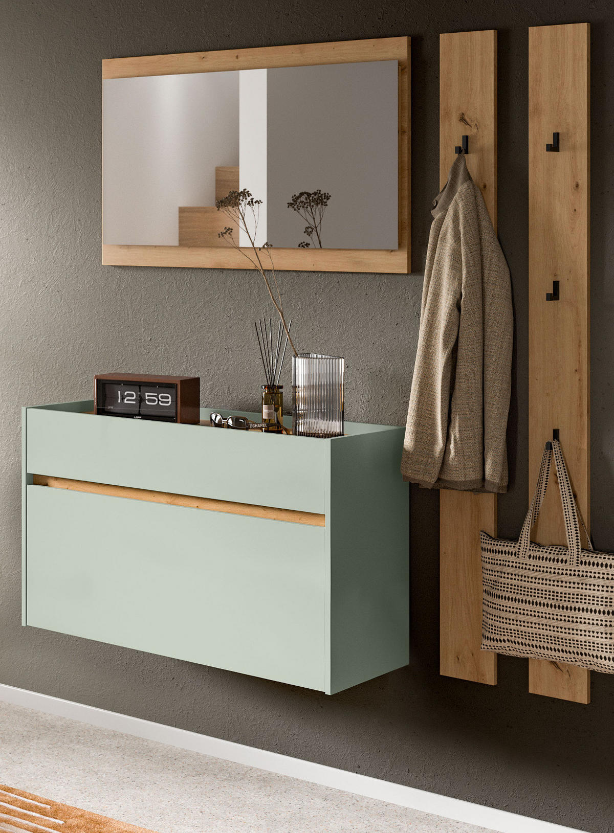 GARDEROBEN-SET Salbei grün, Eiche Artisan 4-teilig 172 cm, Garderobenmöbel hängend - Salbeigrün/Eiche Artisan, Glas/Holzwerkstoff (172/197/32cm) - Inn.Furn
