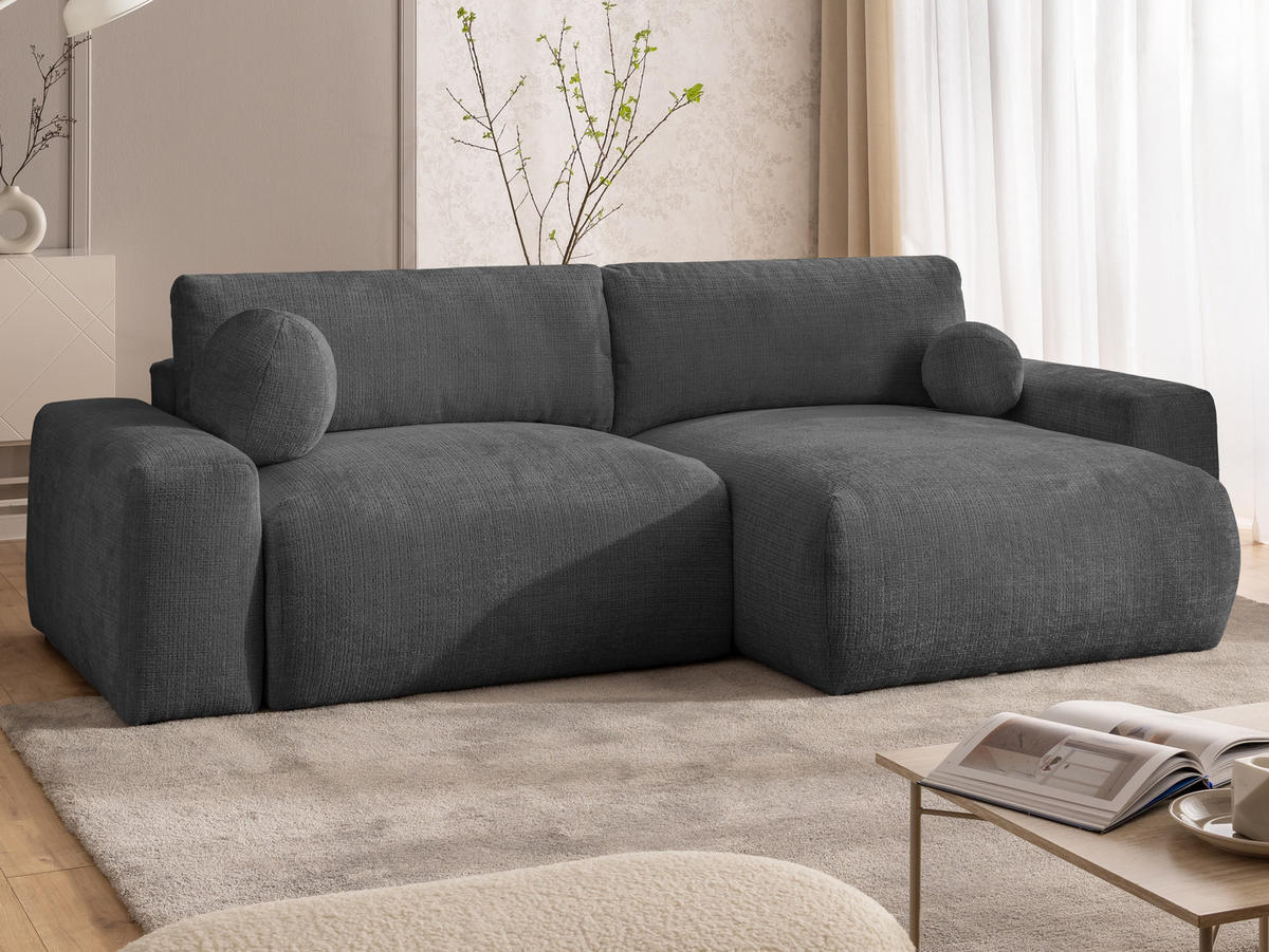 ECKSOFA Puffy mit Schlaffunktion und Bettkasten - besonders weich und puffig aus Grau Chenille-Stoff - Ottomane rechts - Schwarz/Grau, Holz/Kunststoff (266/138cm) - S-Style Möbel