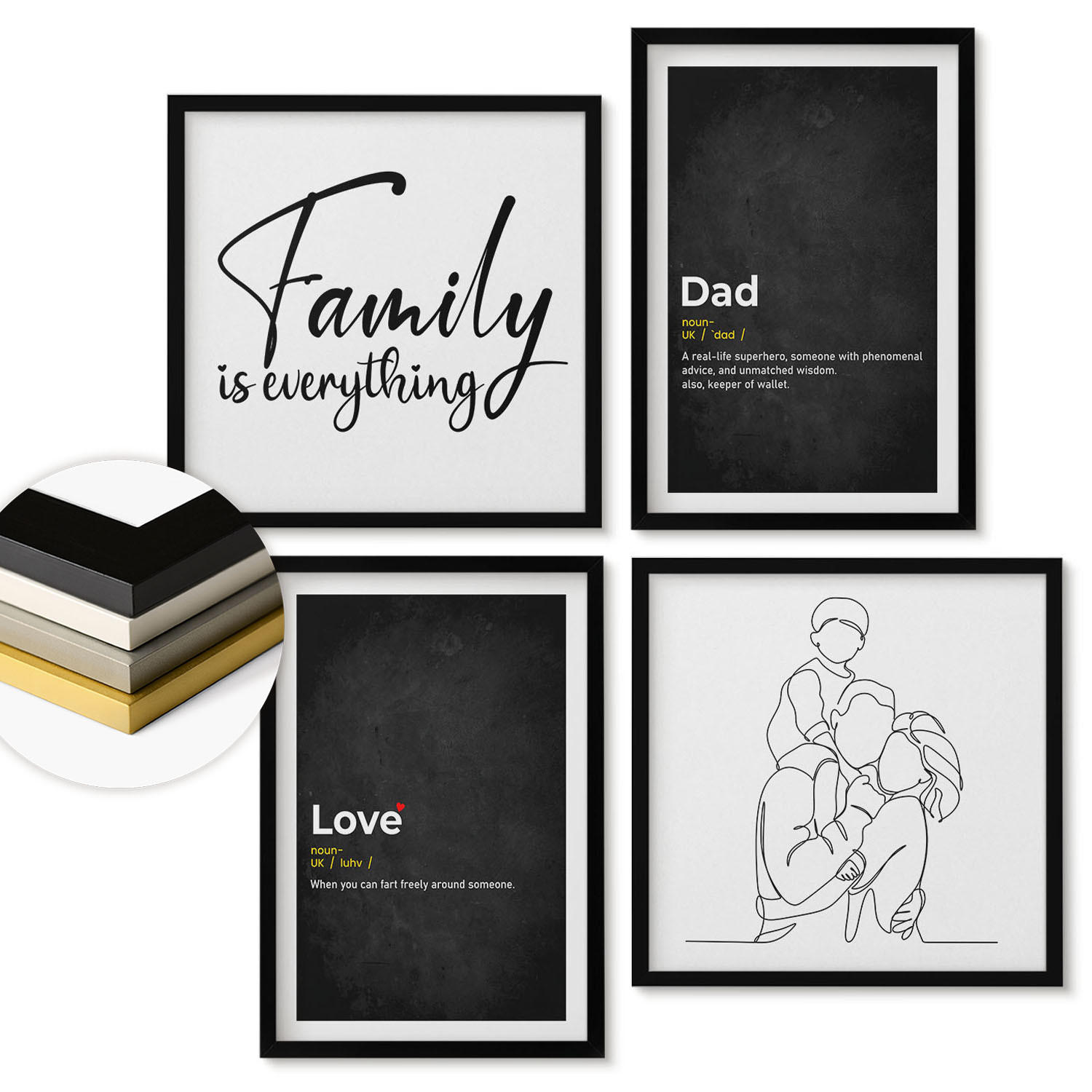 WANDBILDER 4er-Set - 50x50 cm & 40x60 cm Schwarzer Rahmen - Definitionen der Liebe in Familienzeichnungen - Schwarz, Kunststoff (50/50cm) - ArtPrintCave
